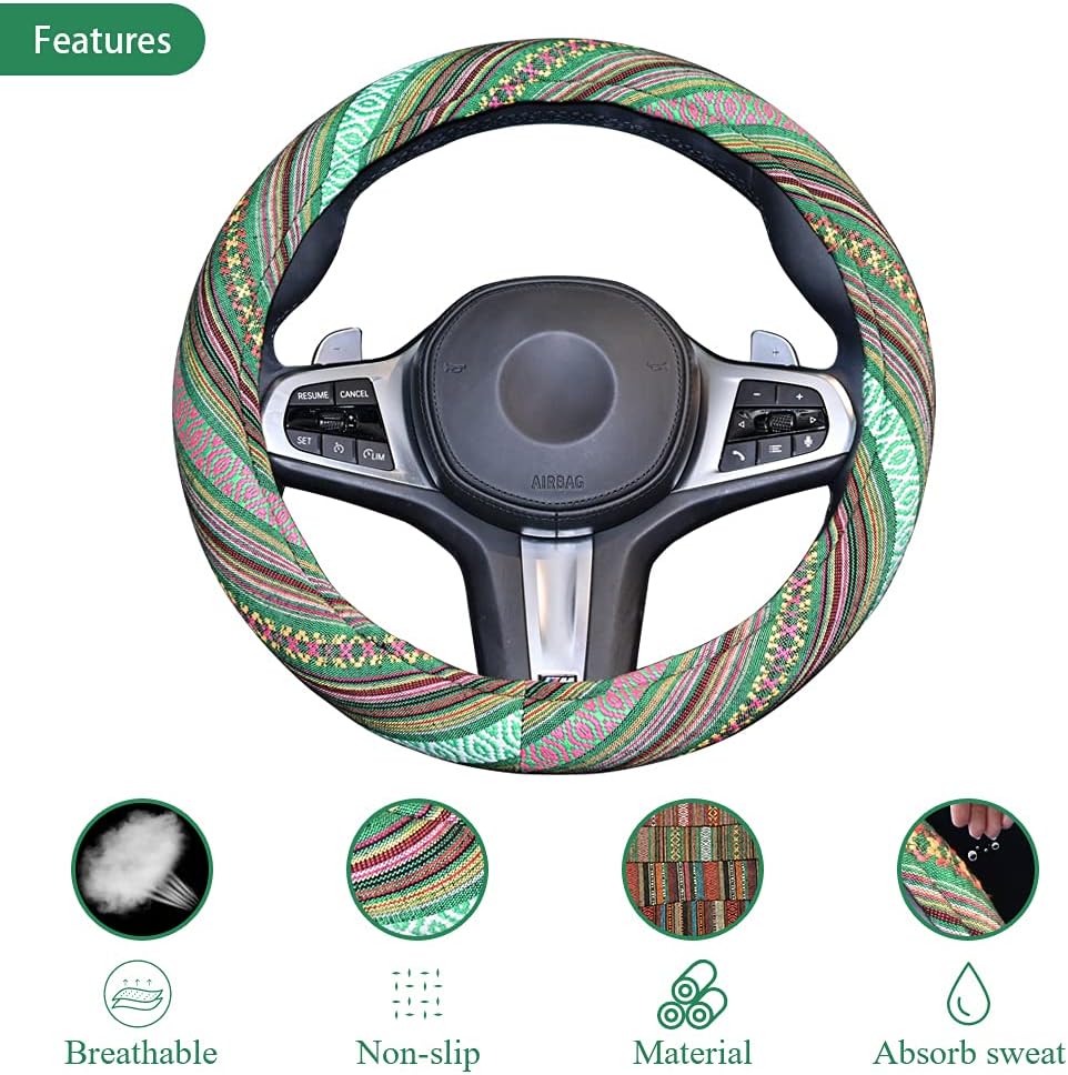 Universal 15inch Ethnic Style Baja Blanket Steering Wheel Cover with Coarse Flax Cloth and Sweat Absorption Anti Slip Car Wrap (Boho Green)