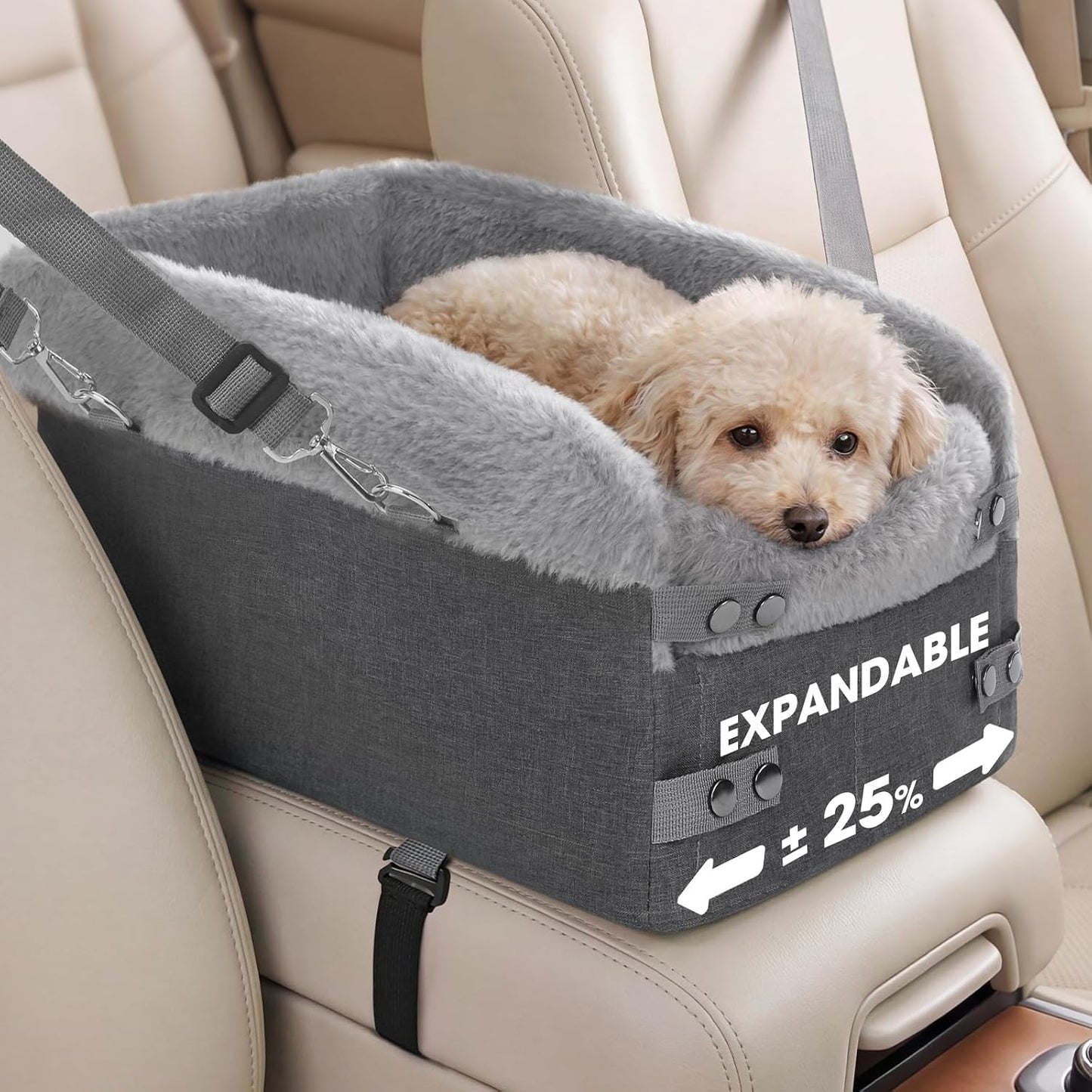 Small Dog Car Seat - Portable Center Console Puppy Booster Seats(Dark Grey) | Support Pet Up to 11lbs, Adjustable Width Travel Carseat for SUV, Small Truck, Full-size Truck
