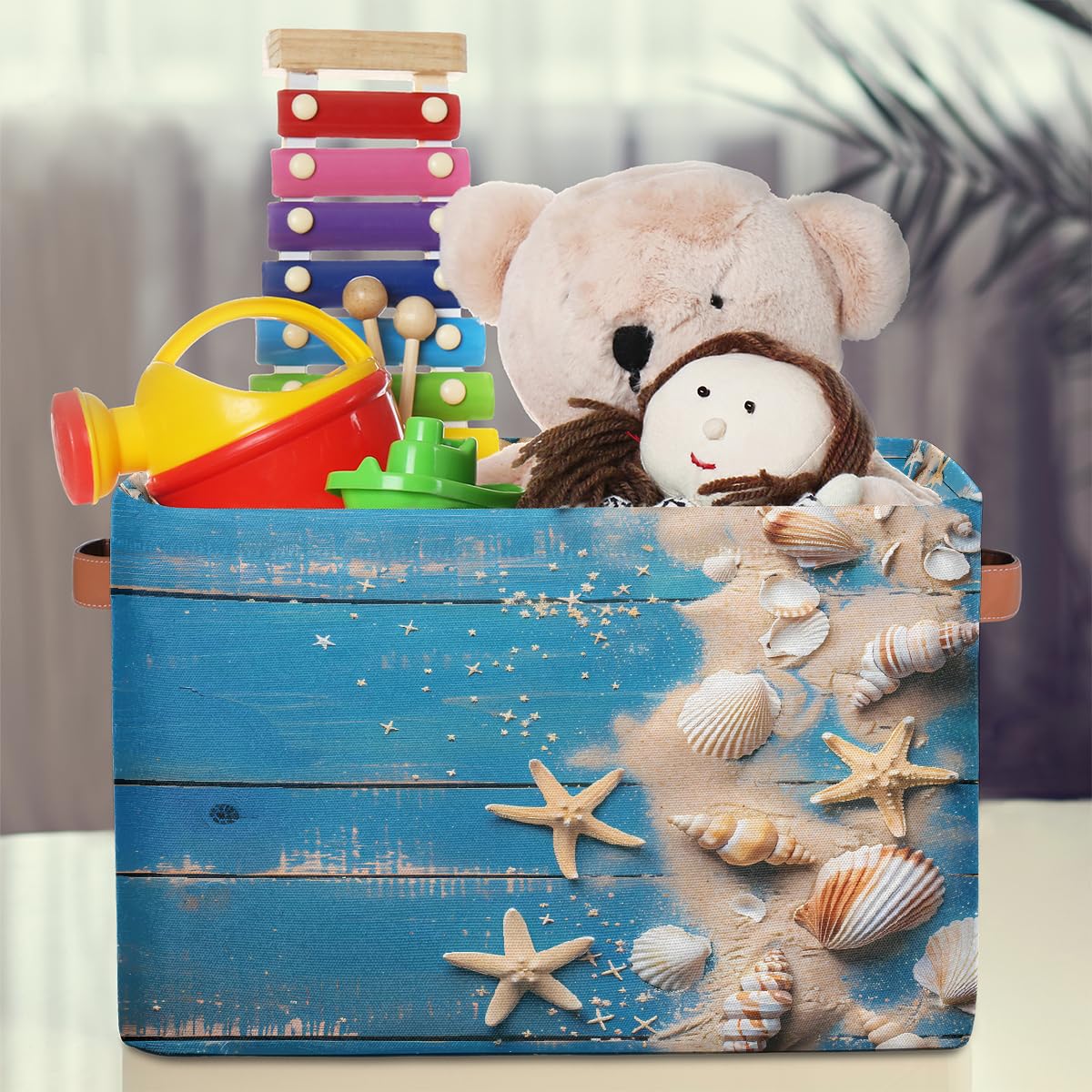 Blue Wooden Board Storage Baskets for Organizing, Fabric Collapsible Storage Bins Box Seashells Decorative Toy Organizer Baskets for Closet Shelves Gift Basket 1 Pc