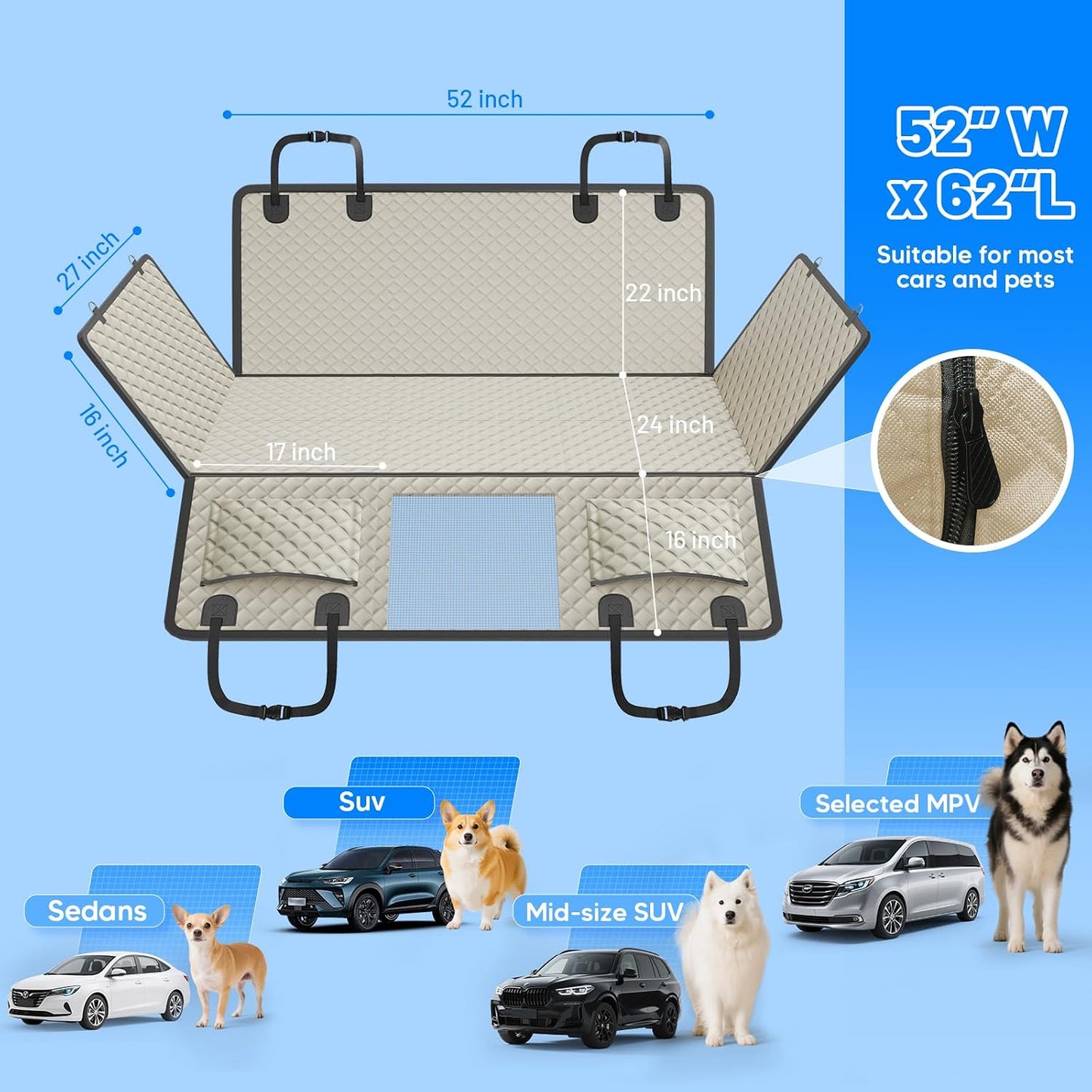 Dog Car Seat Cover for Back Seat with Hard Bottom,Waterproof Back Seat Extender for Dogs,Dog Hammock Dogs Bed for Cars, SUVs,Pet Seat Cover for Back Seat Holds 400lbs with Mesh Window & Pocket-Khaki