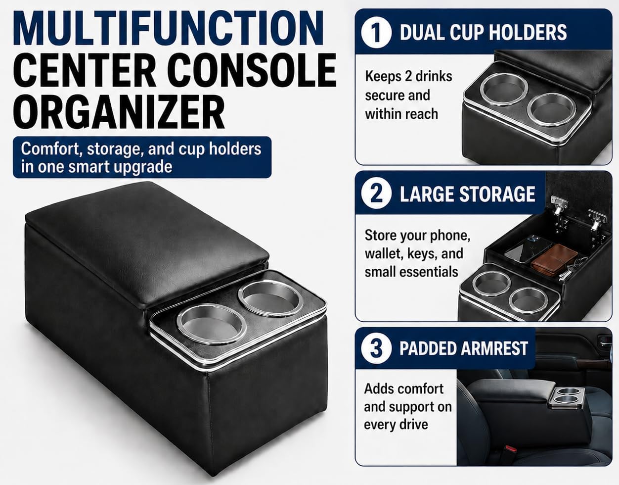 NVS Universal Truck Center Console Organizer for Bench Seat Trucks & SUVs, Heavy Duty ABS Storage Console with Dual Cup Holders and Padded Armrest, Black