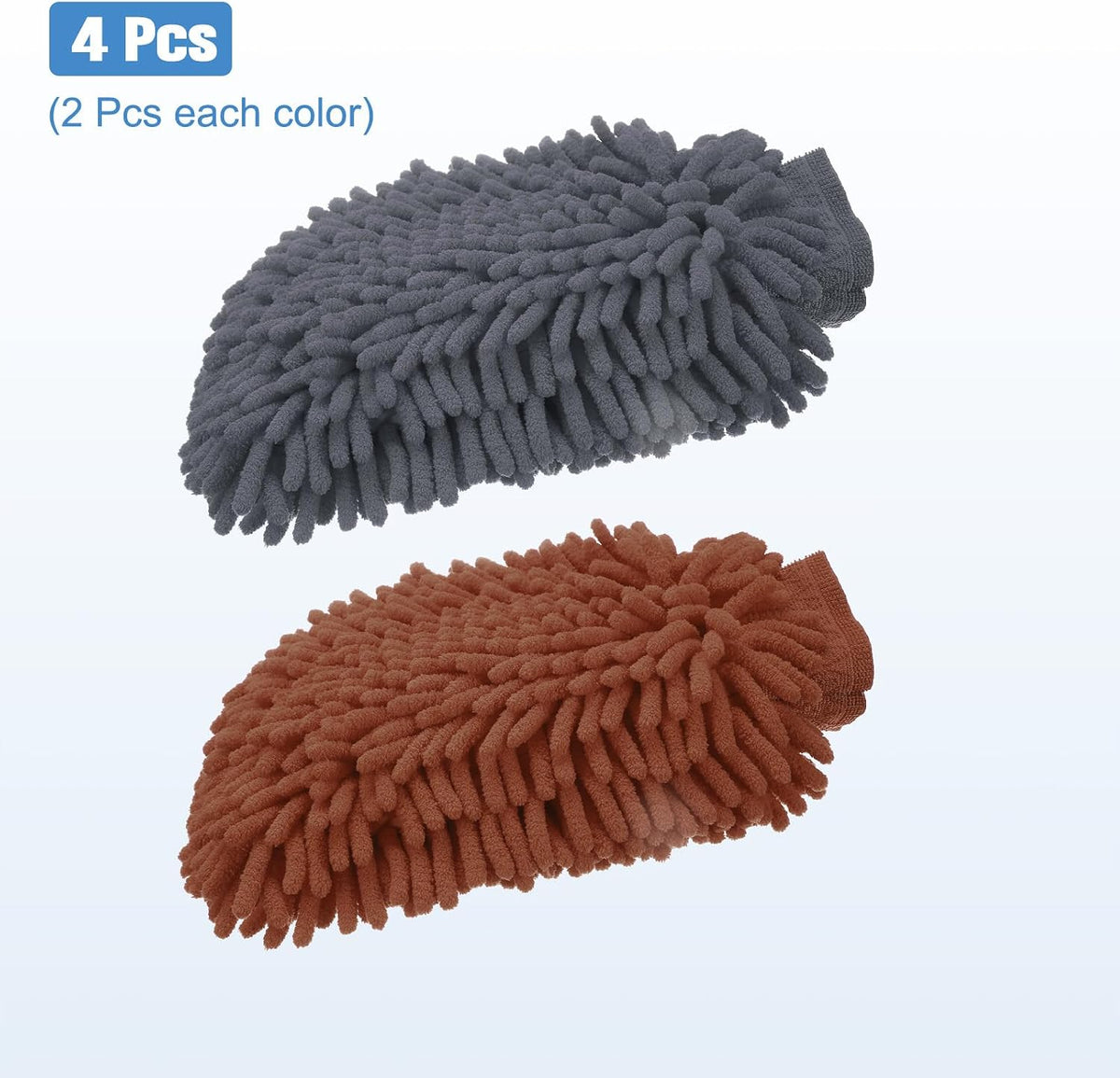 HARFINGTON 4pcs Chenille Microfiber Car Wash Mitts 9"x5.5" Grey Brown