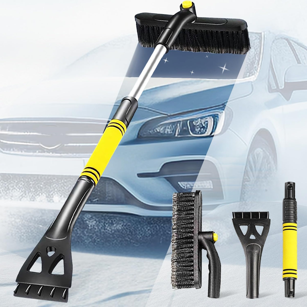 Ice Scrapers for Car Windshield,32“Snow Brush for Car with Ice Scraper, Retractable Handle and 360° Rotating Brush Head, Winter Car Accessories for Cars, Trucks and SUVs-Yellow