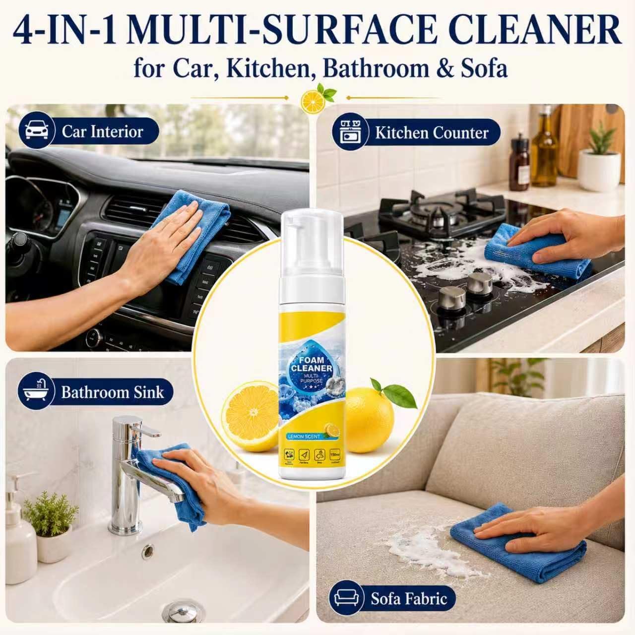 4-in-1 Multi-Enzyme Foam Cleaner, Multi Purpose Foam Cleaner, No Rinse Foam Cleaner for Car Interior, Kitchen Grease, Bathroom Tiles, Fabric Care and Multi Surfaces(2pcs)