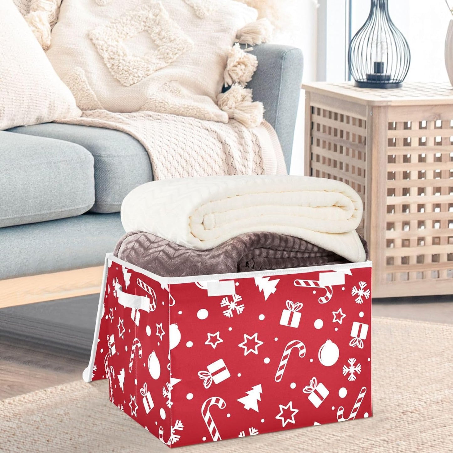 CaTaKu Large Fabric Storage Bins With Lids, Red Christmas Tree Storage Boxes With Handles for Organizing Clothes, Collapsible Storage Cube Bins Baskets for Shelves