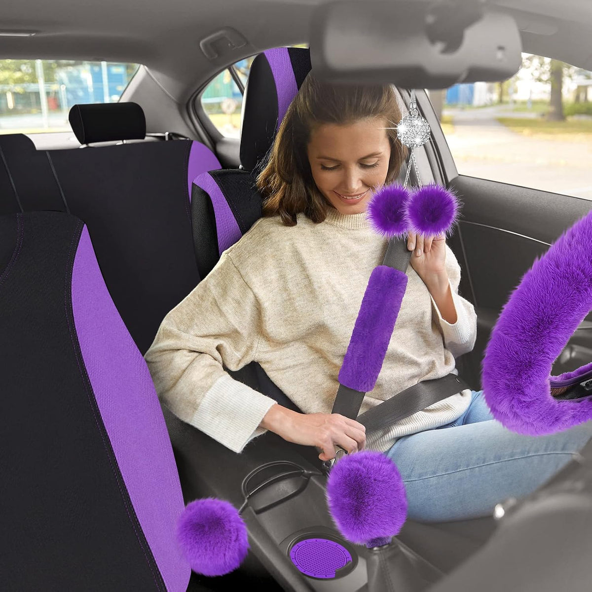 Woanger 47 Car Seat Cover Full Set Car Accessories for Women, Purple Black