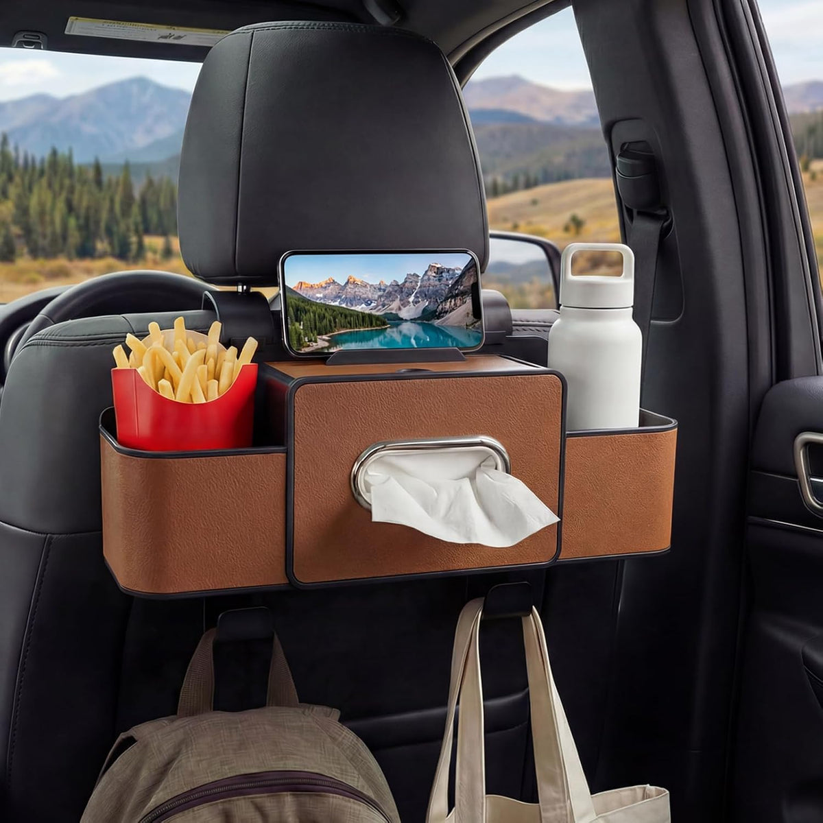 Backseat Car Organizer, 4 in 1 Multifunctional Car Back Seat Storage Organizer with Tissue Box, 2 Cup Holders, Phone Stand and Hooks, Automotive Seat Back Organizers (Brown)