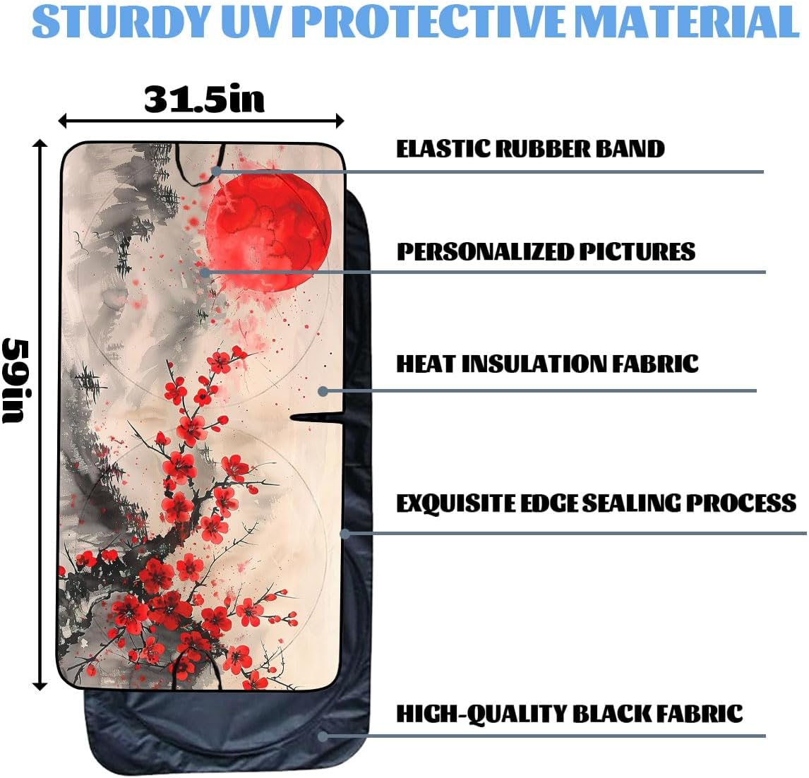 Japanese Cherry Blossoms Car Windshield Sunshade - Folding Red Sun Heatshield Front Window Sun Shade Visor Protector for Sedan, Truck, SUV - 59" L x 31.5" W