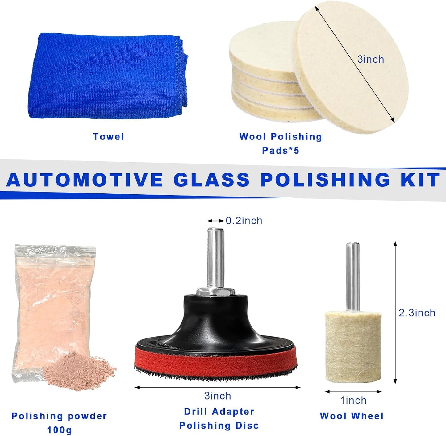 Glass Polishing Kit, Car Windshield Scratch Remover Polish Pads Kit with 100g Cerium Oxide Powder, Universal Wool Polishing Wheel Set for Auto Glass Window Windscreen