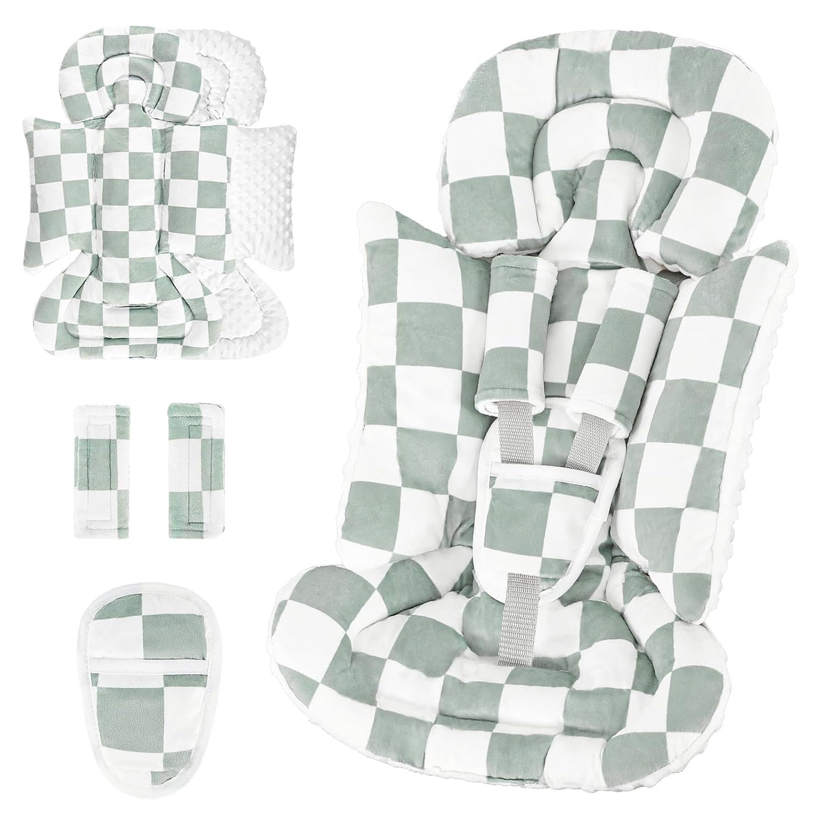 DILIMI Infant Car Seat Insert, Baby Car Seat Head Support with 3 Strap Paddings, Soft Newborn Car Seat Cushion for Stroller, Swing, Bouncers, Blue Checkered