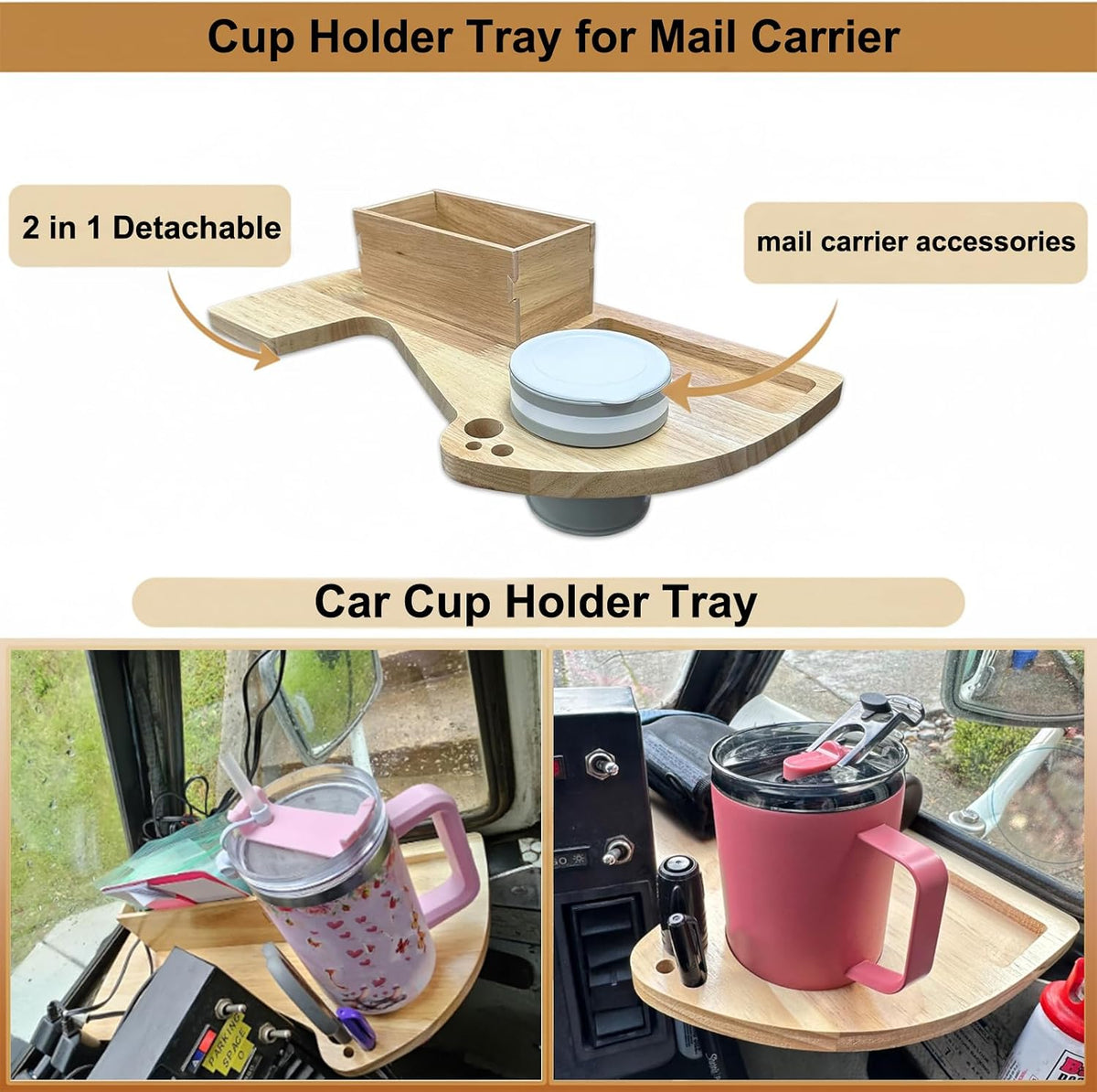 Cup Holder Tray for USPS Mail Carrier/LLV, 2 in 1 Detachable Postal Mail Truck Car Cup Holder Tray, Holds Cup,Scanner,Pen,Marker and A Box for the Forms, Gift for Mailers