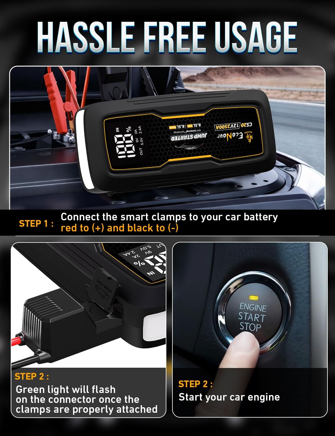 EcoNour 2500A Car Battery Jump Starter 12V Battery Booster Pack Up to 8.5L Gas & 8.5L Diesel Engines – Jump Box with Jumper Cables, USB Charger, LCD Display, LED Flashlight – for Cars, SUVs, Trucks