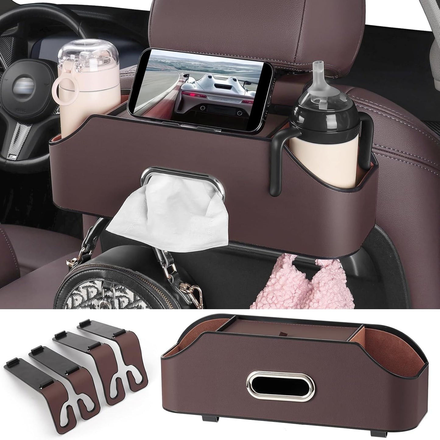 Car Rear Backseat Extra Multifunctional Drink Cup Holder Organizers With Tissue Storage Box Organizer & Hooks For Car Seat Back. White