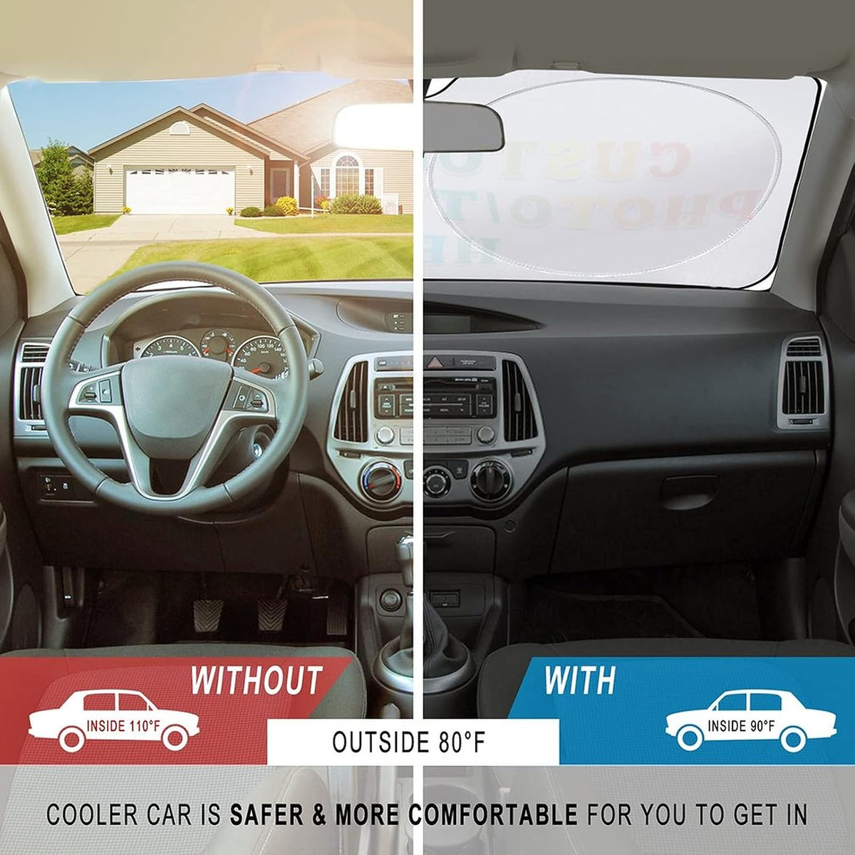 Custom Car Windshield Sunshade, 64''x33.5'' Personalized Sun Visor with Photo Text, Foldable Durable Shade Storage Pouch for Sedans SUV Trucks