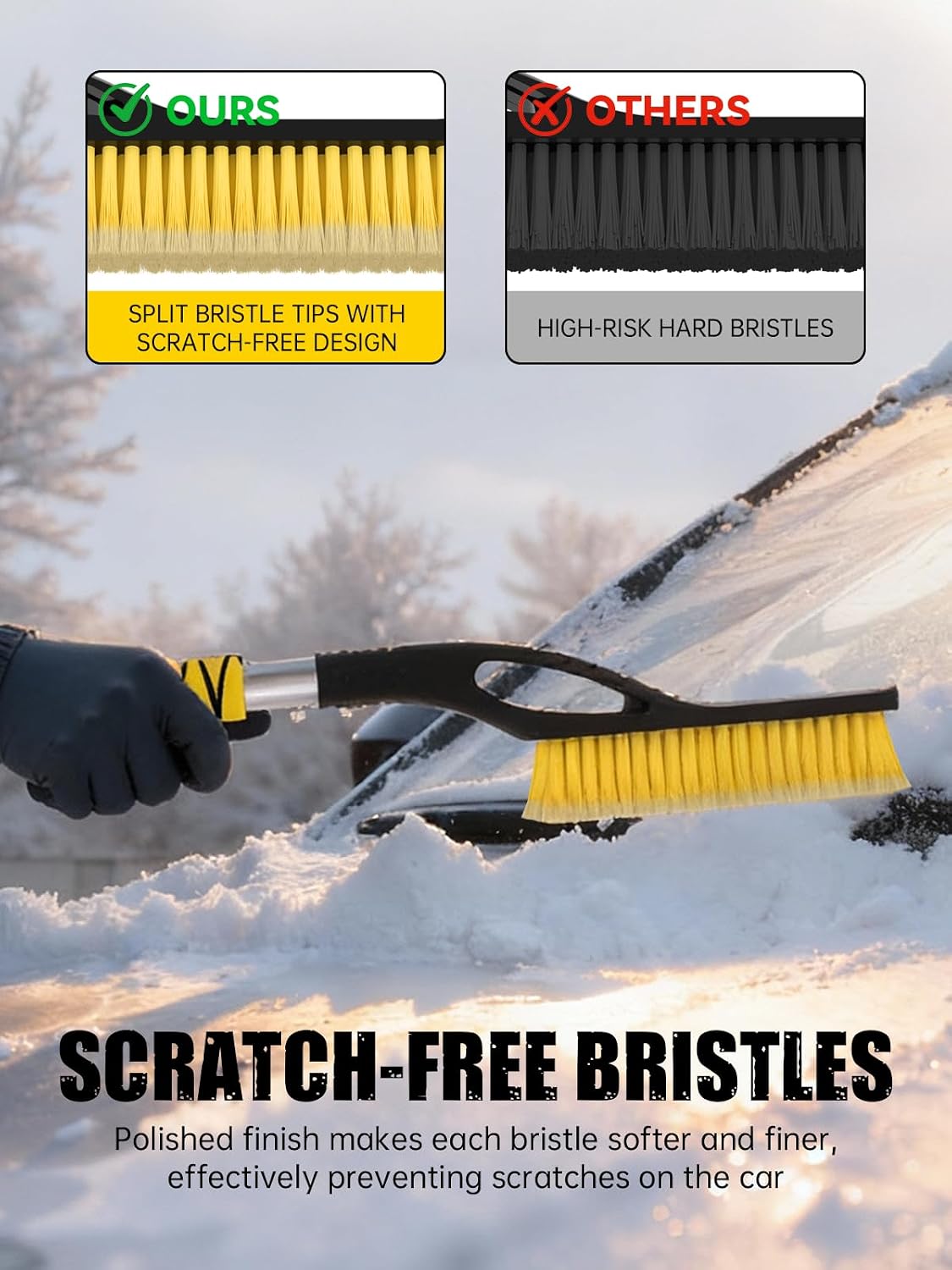 MIKKUPPA 27" Snow Brush and Ice Scrapers for Car Windshield, Yellow | Detachable Windshield Scraper, Snow Removal Tool with Curved Connector & Ergonomic Foam Grip for Cars, Trucks, SUVs
