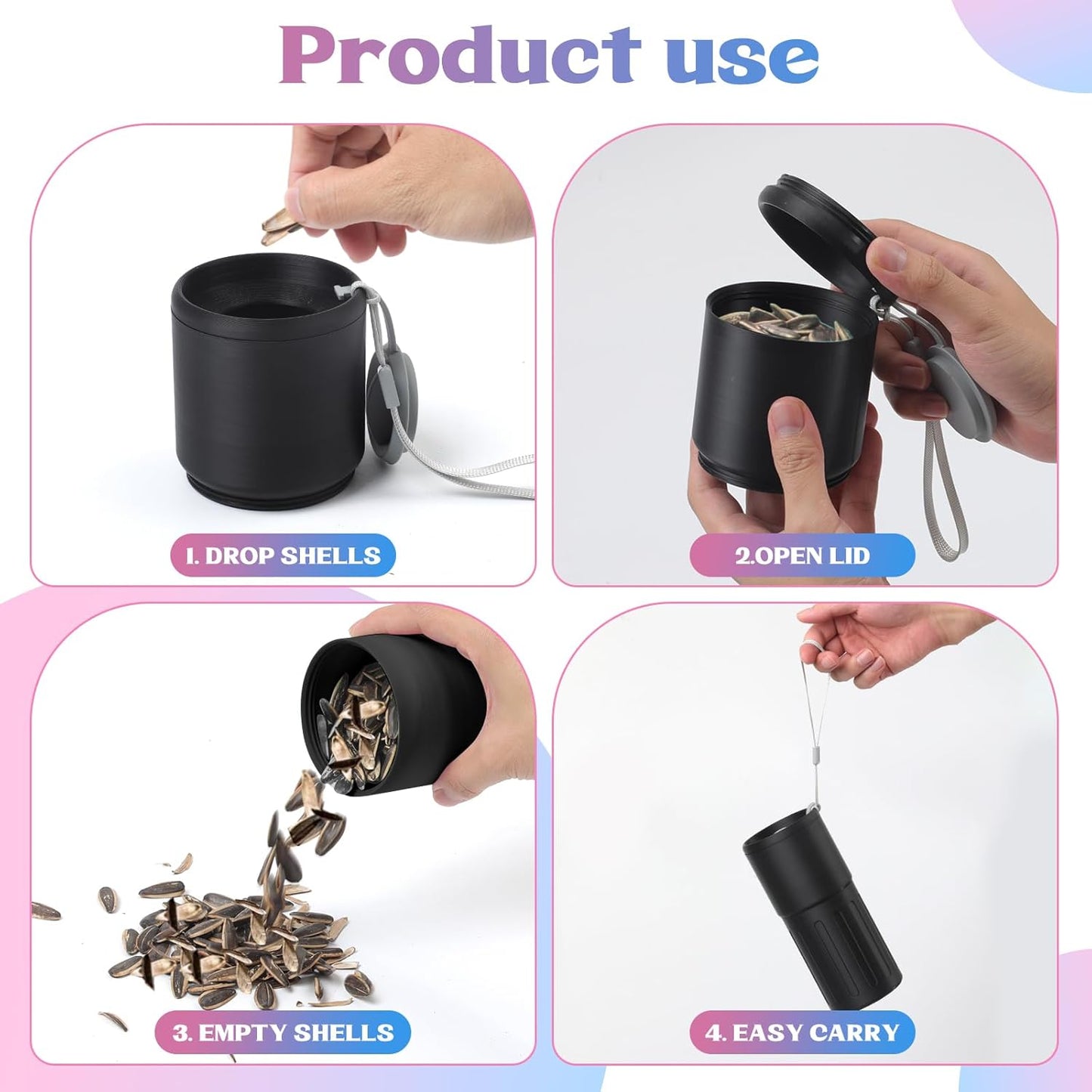 Portable Sunflower Seed Cup with Shell Storage, 3D Printed Pistachios Nut Snack Bowl Containers for Outdoor/in Car/Travel/Sports Games, Seed Lovers Gift - Black