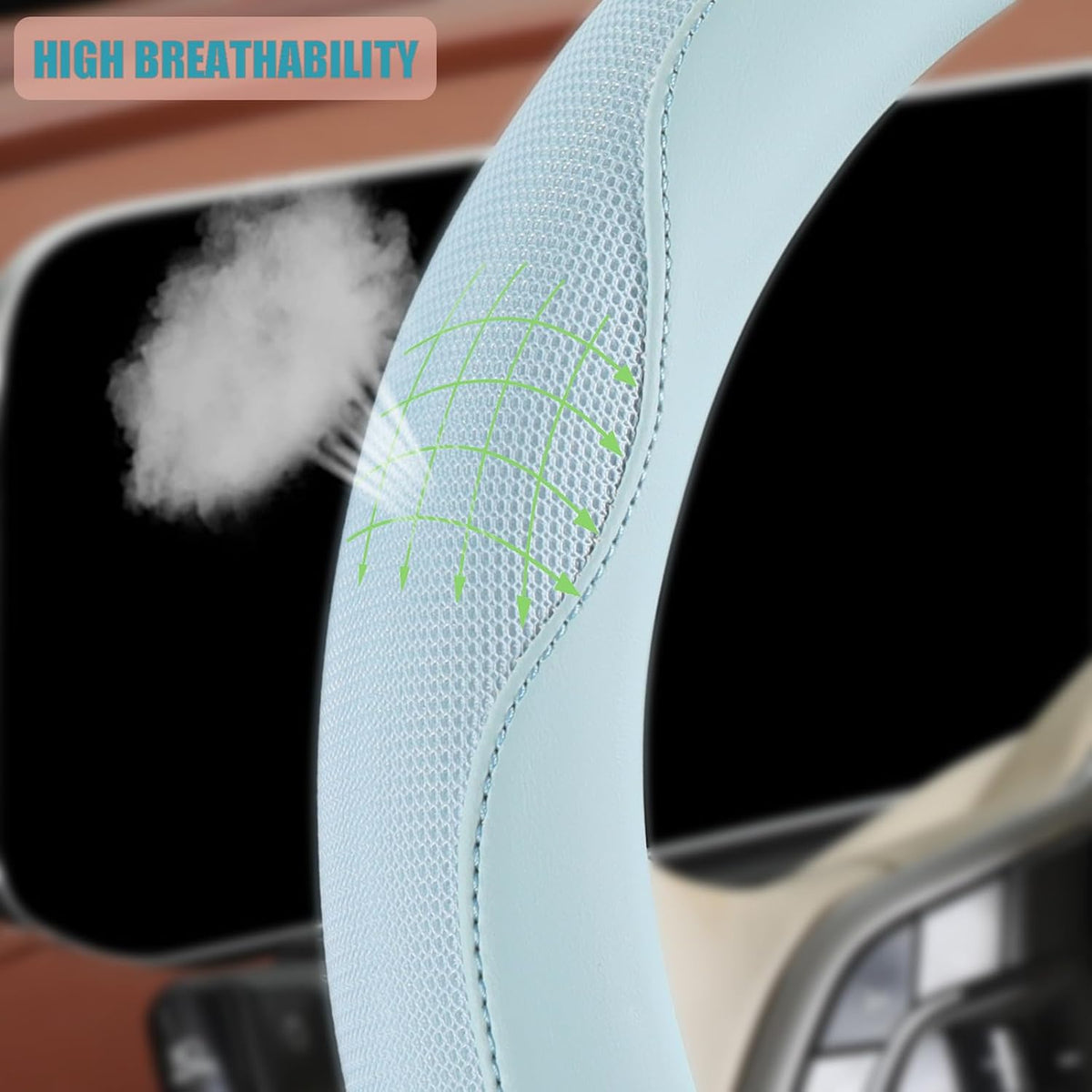 Nappa Leather Ice Silk Fabric Blue Steering Wheel Cover