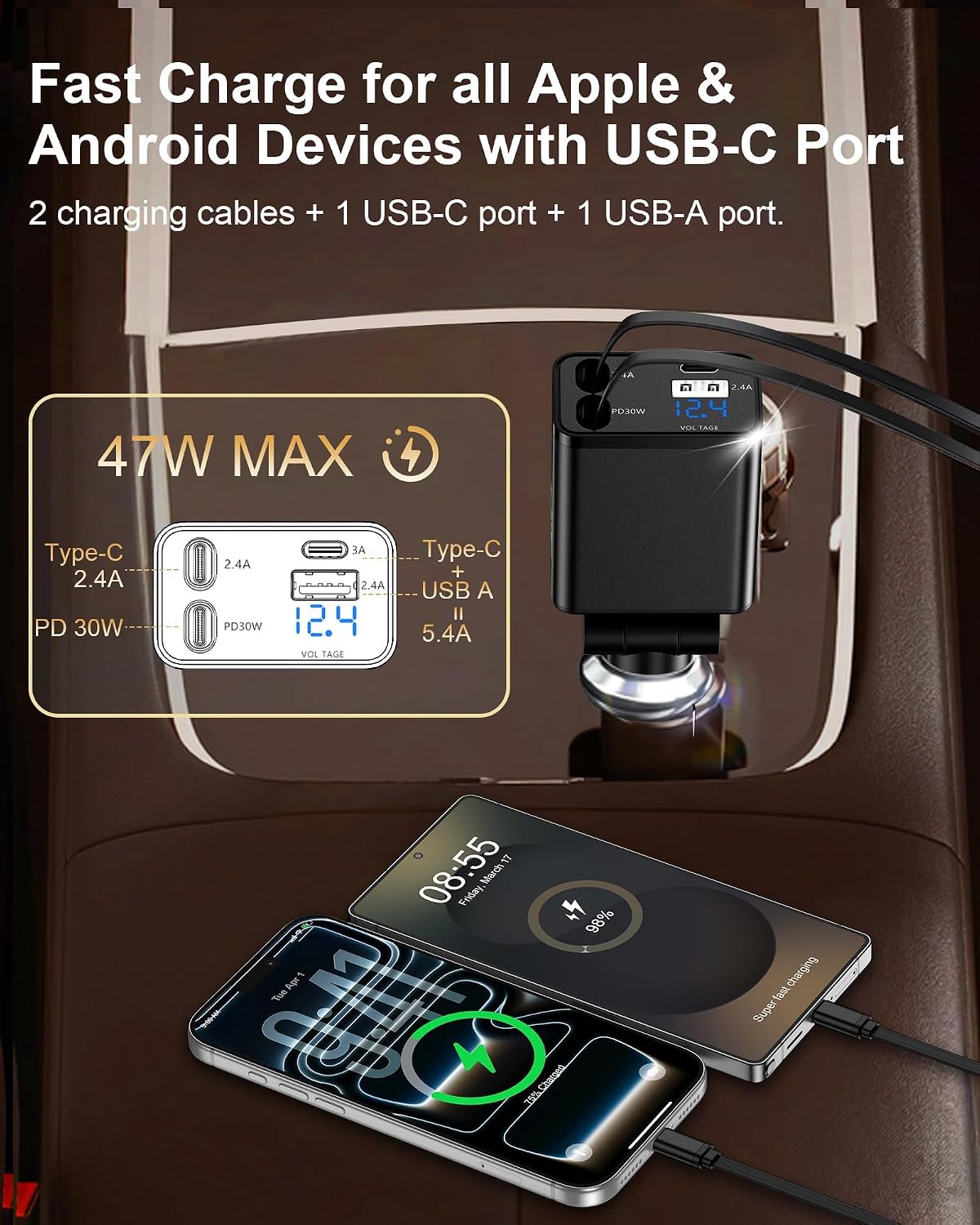 Retractable Car Phone Charger for Samsung S26 Android Fast USB C iPhone 18