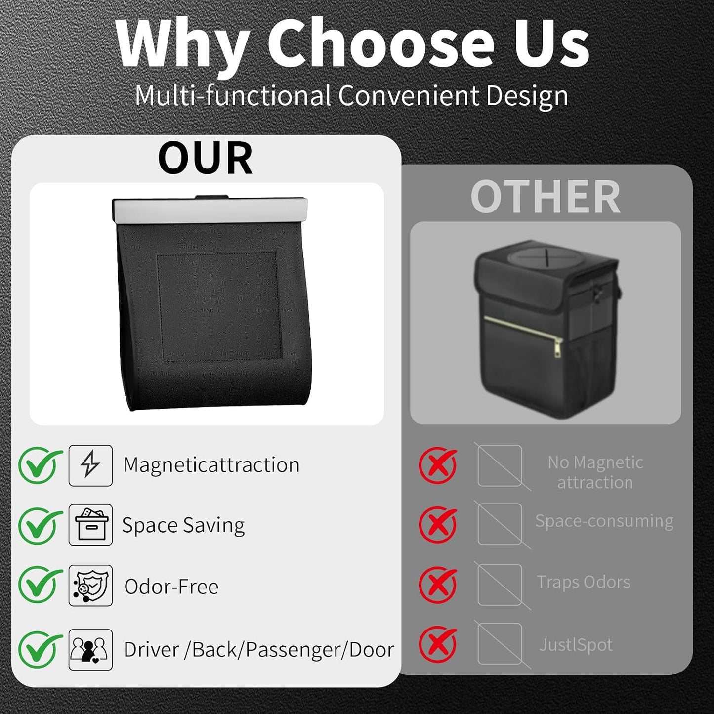 Premium Car Trash Can with Magnetic Lid, Waterproof Leakproof PU Leather Vehicle Garbage Bin, Foldable Hanging Auto Trash Bag for Seat Back Pocket, Fits Cars SUVs Trucks, Includes 2 Rolls Trash Bags