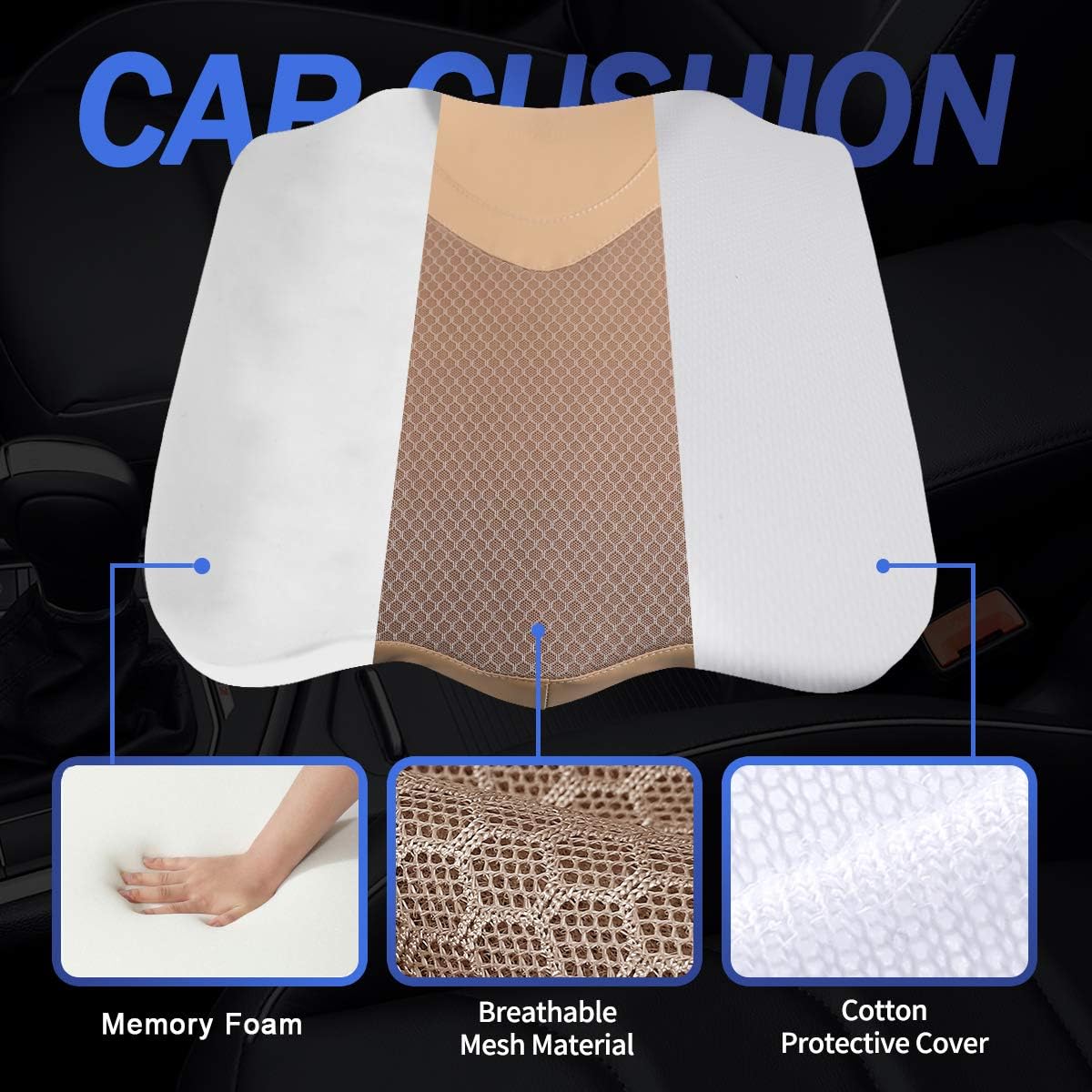 Car Seat Cushion, Comfortable Memory Foam Cushion for Driving, Auto Heightening Wedge Cushion for Sciatica Tailbone Pain Relief (Beige)