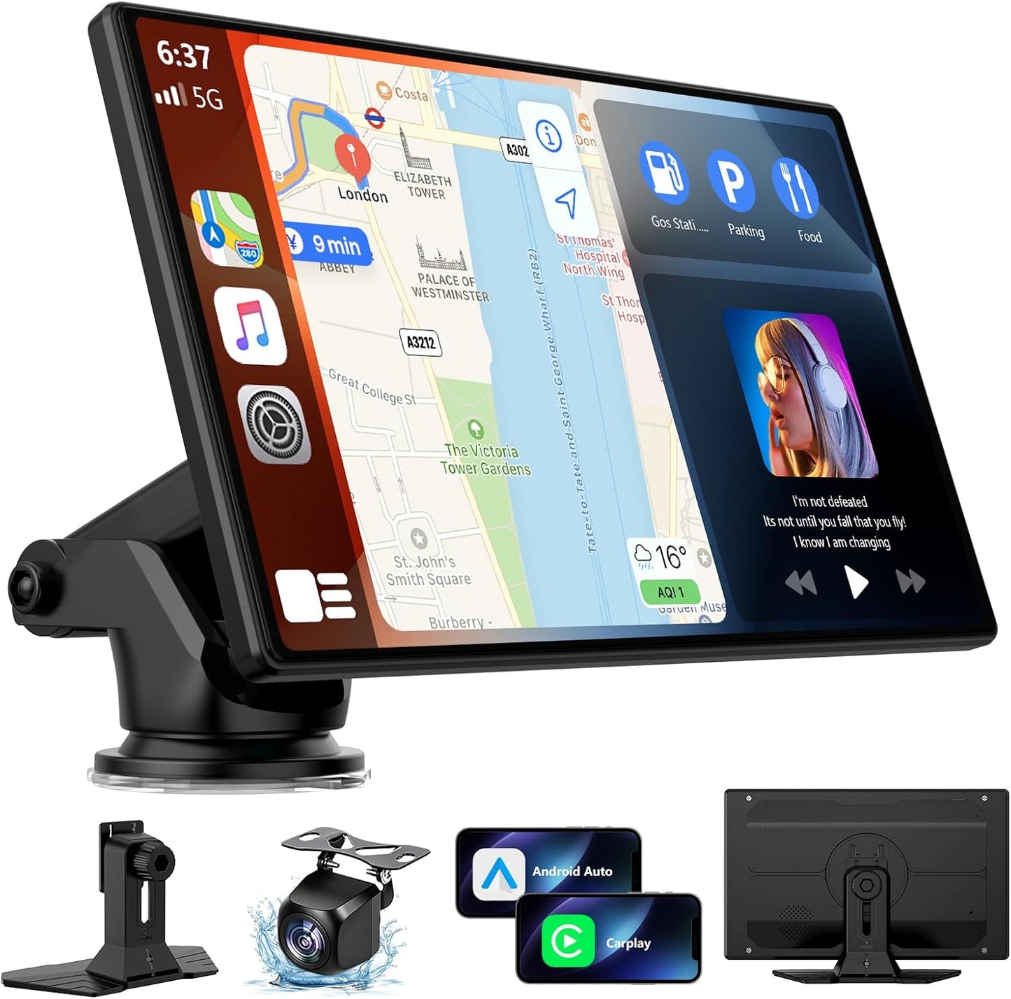 9" Carplay Screen for Car, Portable Wireless Car Play Screen for Apple CarPlay & Android Auto, OTA Updates, Backup Camera, Mirror Link, Voice Control, GPS Navigation, Bluetooth 5.0, FM/AUX