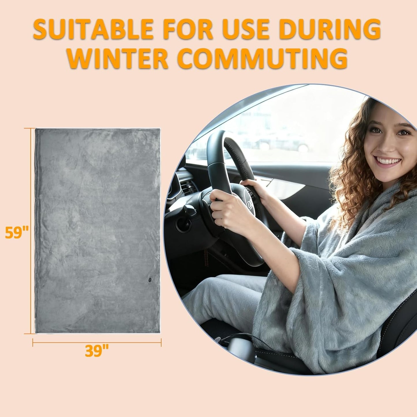 12 Volt Car Heated Blanket, 2-in-1 Wearable Car Blanket 59"X39" with 3 Heating Levels with Zipper for Car/Truck/SUV/RV, Camping & Travel Car Electric Blanket, Machine Washable, Grey