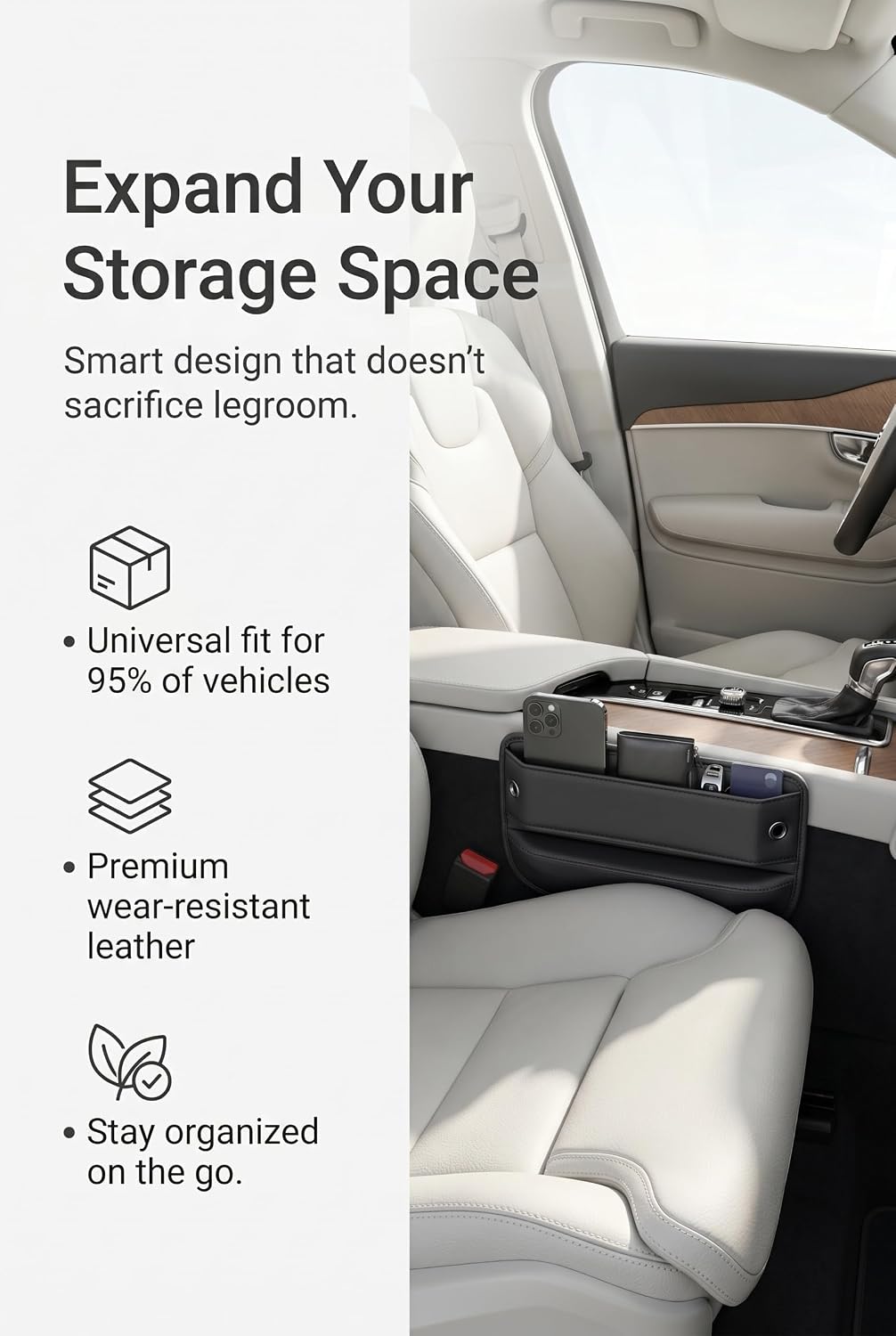 2 Pack Car Seat Gap Filler, Leather Car Organizer, Waterproof Front Seat Gap Filler for Car, Auto Console Side Storage Box, Car Accessories Interior for Men Women (Black)