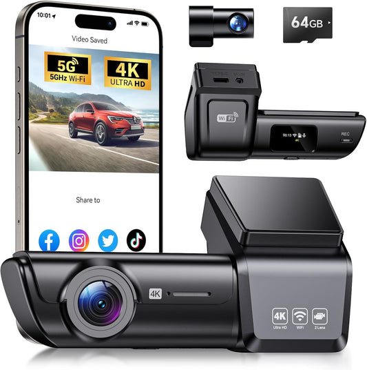 F8 4K Dash Cam Front and Rear, 170° Wide Angle Dshcam Front and Rear Camera with 64GB Card, 5G WiFi & App Control, WDR/HDR Night Vision, 24H Parking Mode, Loop Recording