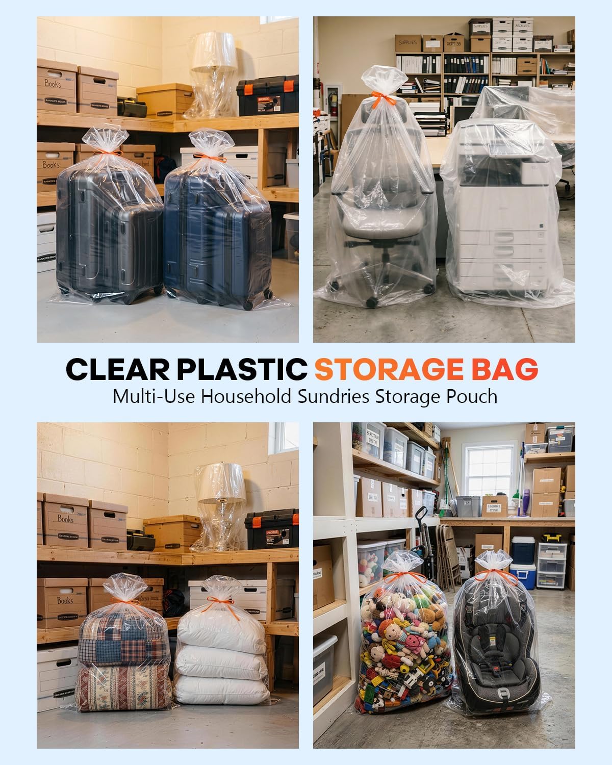 40x60 Inch Extra Large Clear Plastic Storage Bag for Luggage Cover, 8 Pack | 2 Mil Thick Poly Flat Bags for Suitcase/Rug/Car Seat/Stroller/Chair/Xmas Tree Cover, Attic Basement Garage Storage Moving Bag