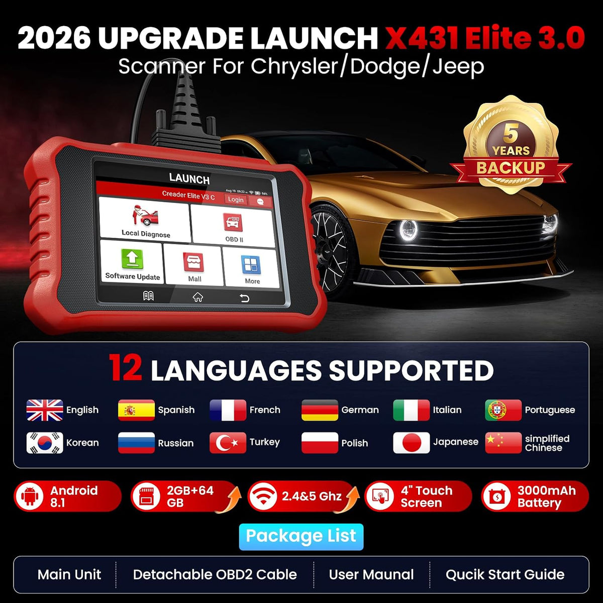 Launch Creader Elite 3.0 Bidirectional OBD2 Scanner for Chrysler Dodge Jeep