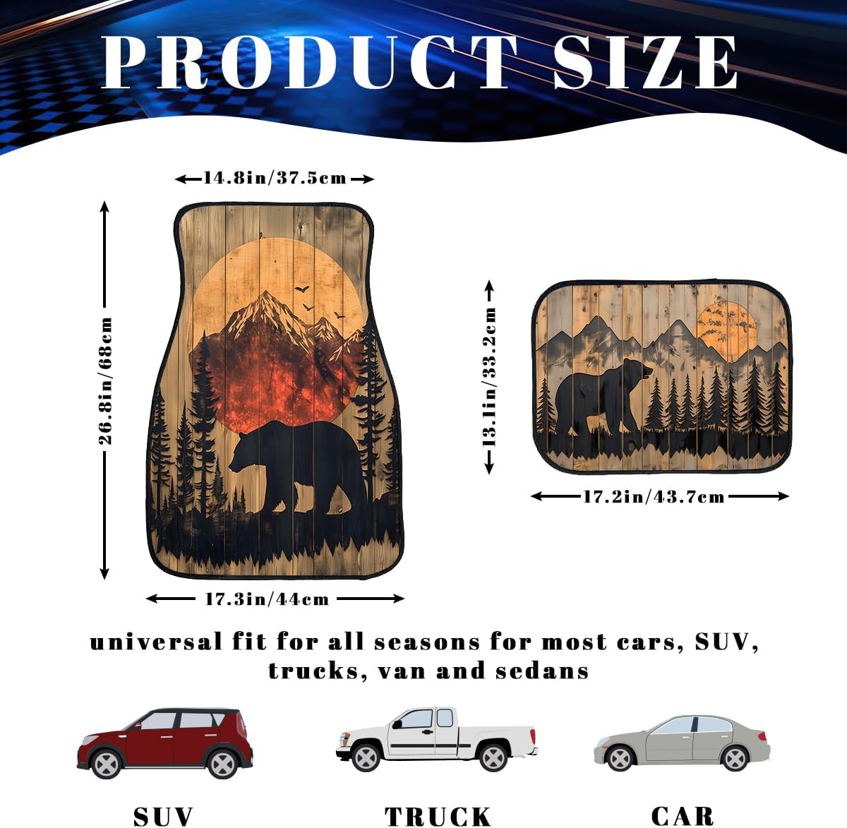 Bear Car Floor Mats Set of 4 Mountain Sunset Forest Silhouette Rustic Automotive Foot Mats Rugs Carpet for Car Non-Slip Auto Car Accessories Universal Fit Car Accessories for Truck