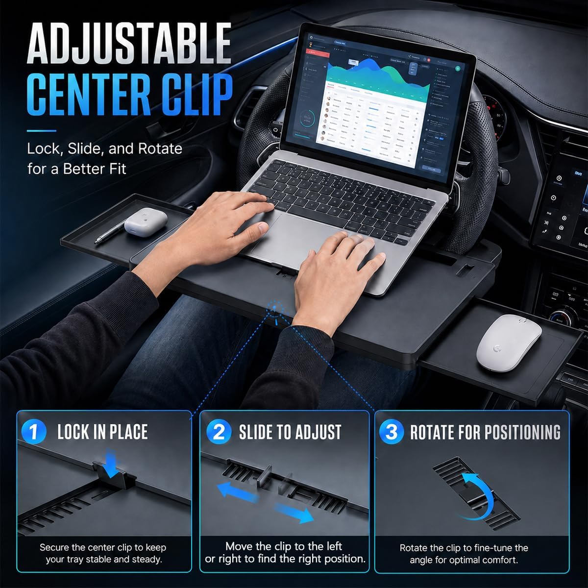 2 in 1 Car Large Steering Wheel Desk, Adjustable Auto Steering Wheels with Dual Slide-Out Trays, Foldable Wheel Table Tray Laptop Holder for Most Cars Trucks SUVs Vans (Black)