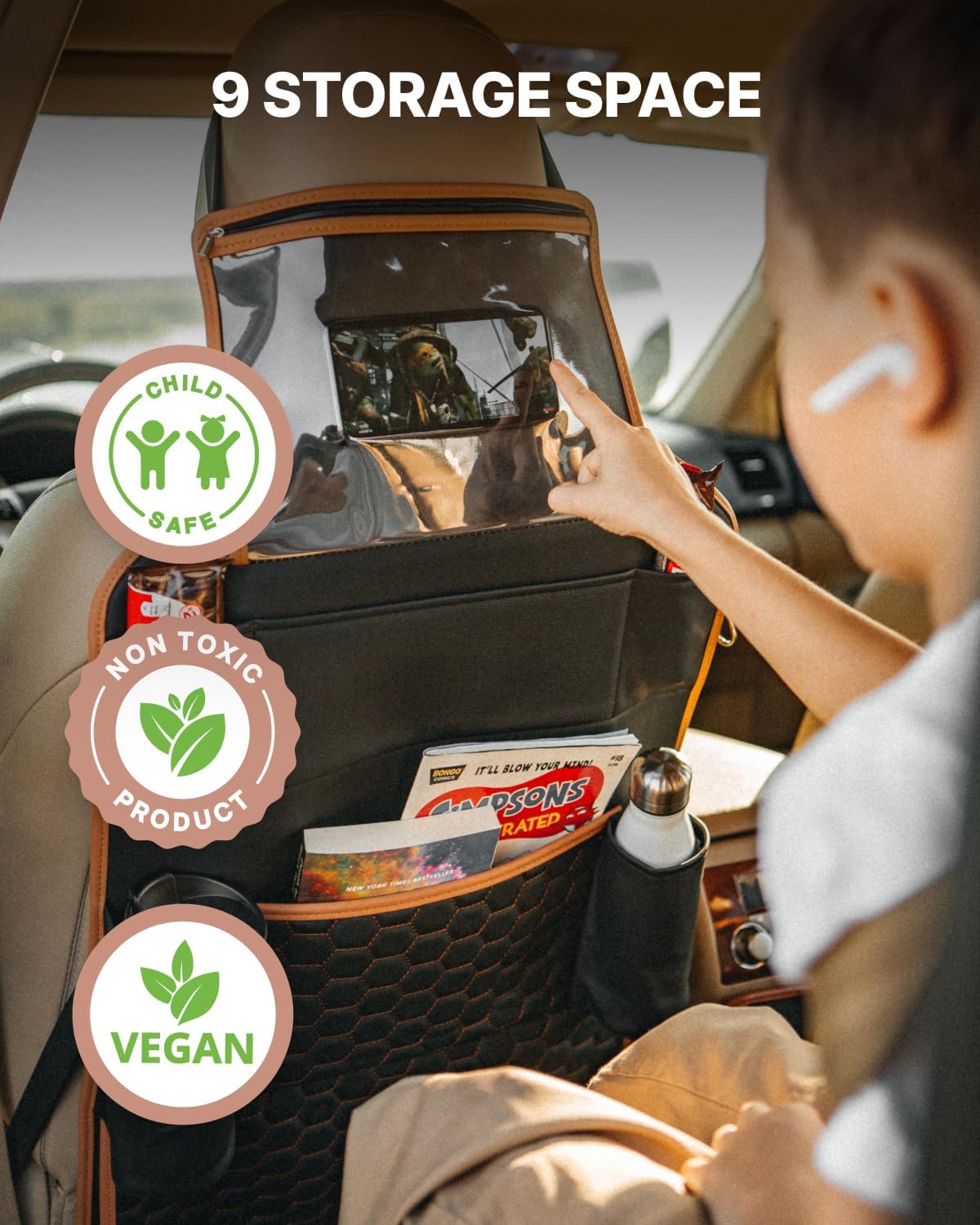 Owleys Car Backseat Organizers for Kids, 2 Pack, Tablet Holder, Tan