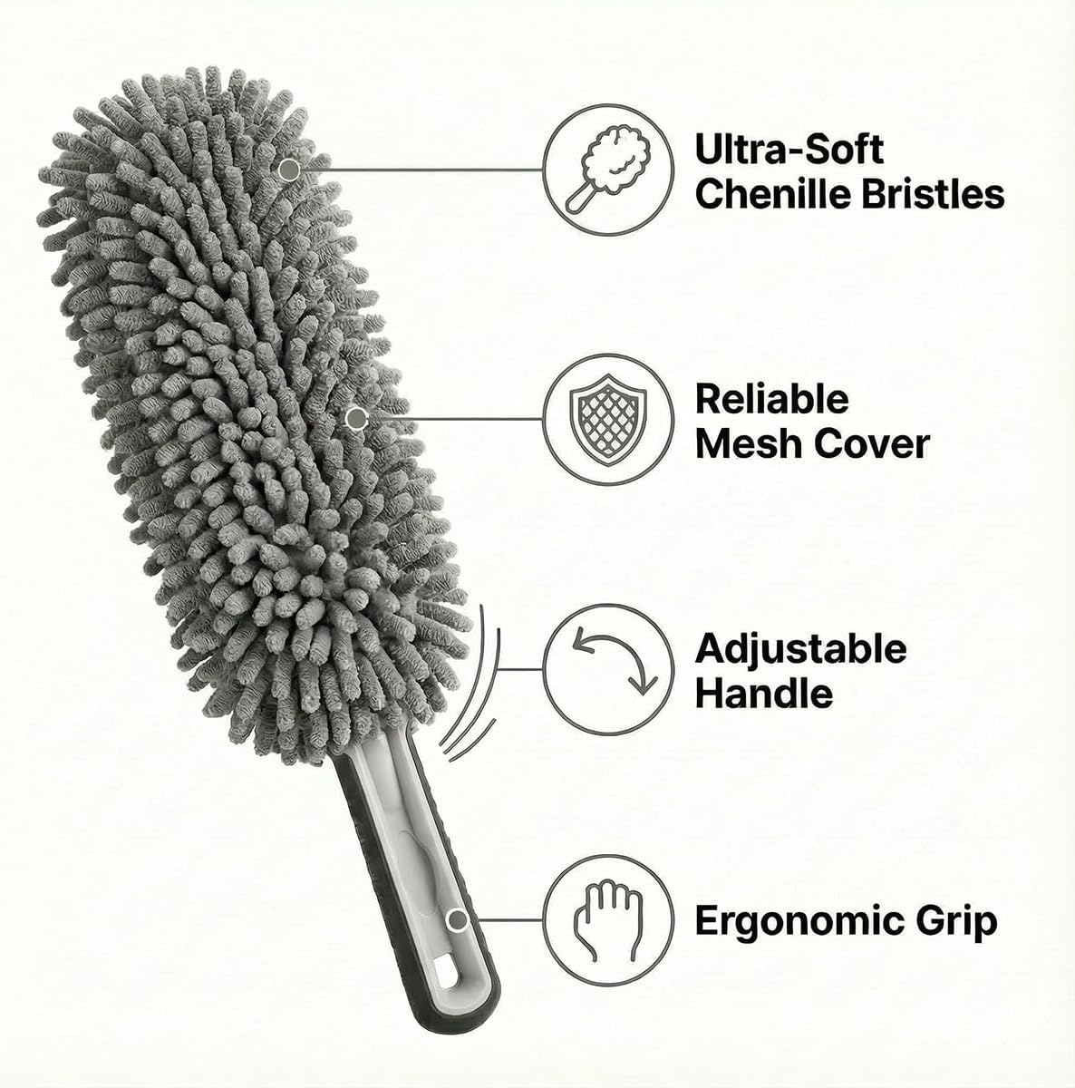 Craedli Car Interior Duster, Soft Chenille Microfiber Car Dash Dusting Brush Tool with Comfort Anti-Slip Grip, Multifunctional Auto Detailing Cleaning Supplies for Cars, Trucks, SUVs(Double-Sided)