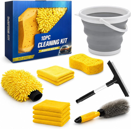 10Pcs Car Wash Detailing Kit Cleaning Kits,with Collapsible Bucket Wash Mitt Sponge Terry Towels Wheel Brush Window Scraper Coral Velvet Towel, Car Cleaning Tools Kit for Interior, Exterior, Wheels
