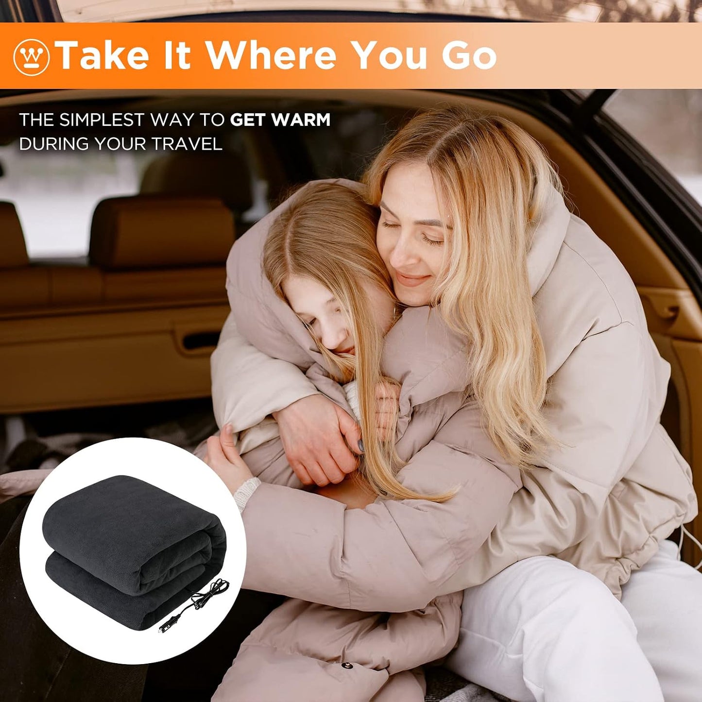 Westinghouse Heated Car Blanket, 12-Volt Electric Blanket for Car, Truck, SUV, RV, Portable Heated Throw for Camping, Charcoal, 59" x 43”