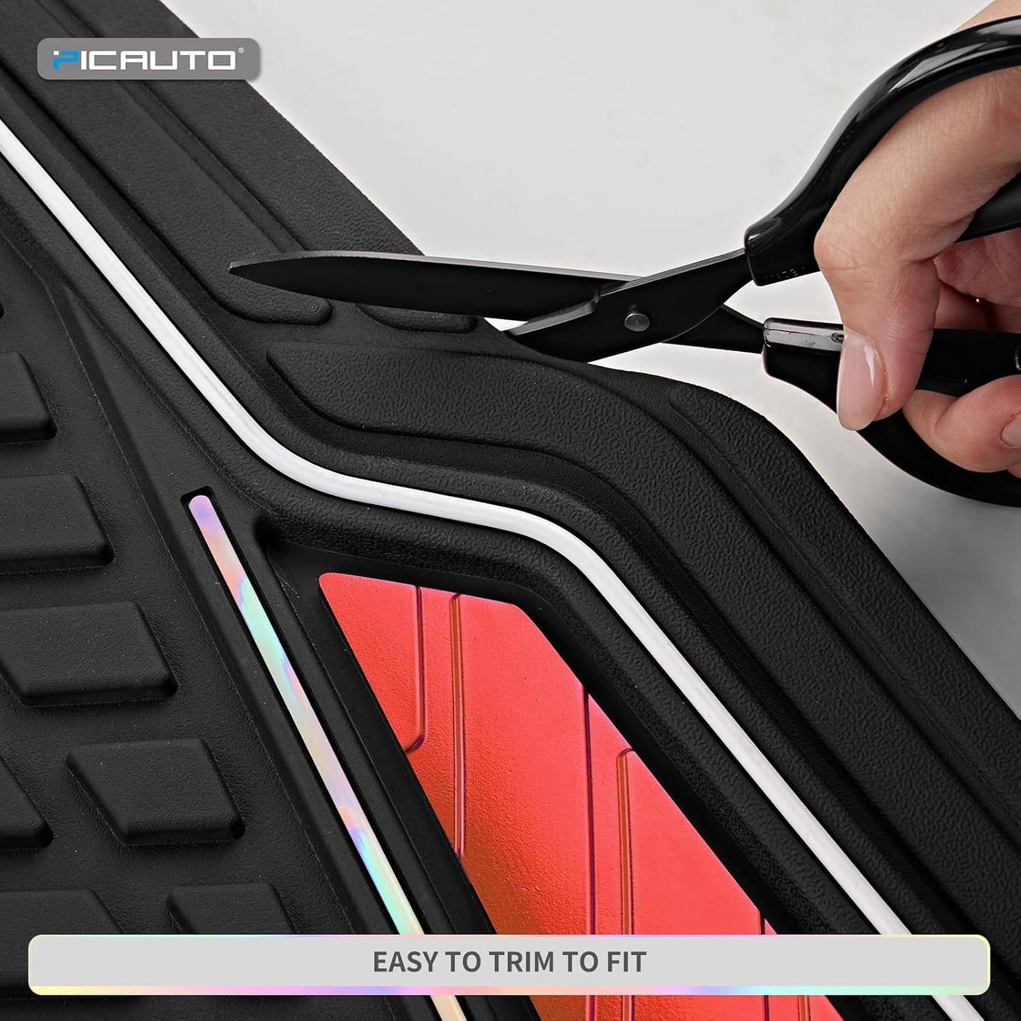 PIC AUTO Car Floor Mats, Red Aluminum-Molded with Full-Circle Iridescent Inlay Strip Car Mats, Universal-Fit Rubber Mats for Cars, Trucks & SUVs, All-Weather, Non-Slip, Easy-to-Clean Interior Mats