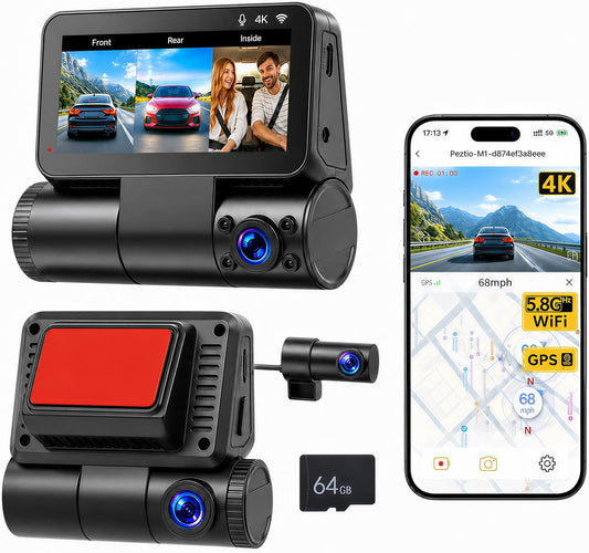 SIXTOP 3 Channel Dash Cam Front and Rear Inside, 4K+1080P+1080P Dash Camera for Cars 5.8Ghz WiFi, GPS, ADAS, 64GB Card Included 3” IPS Screen WDR Night Vision G-Sensor Loop Recording 24/7 Parking Mode