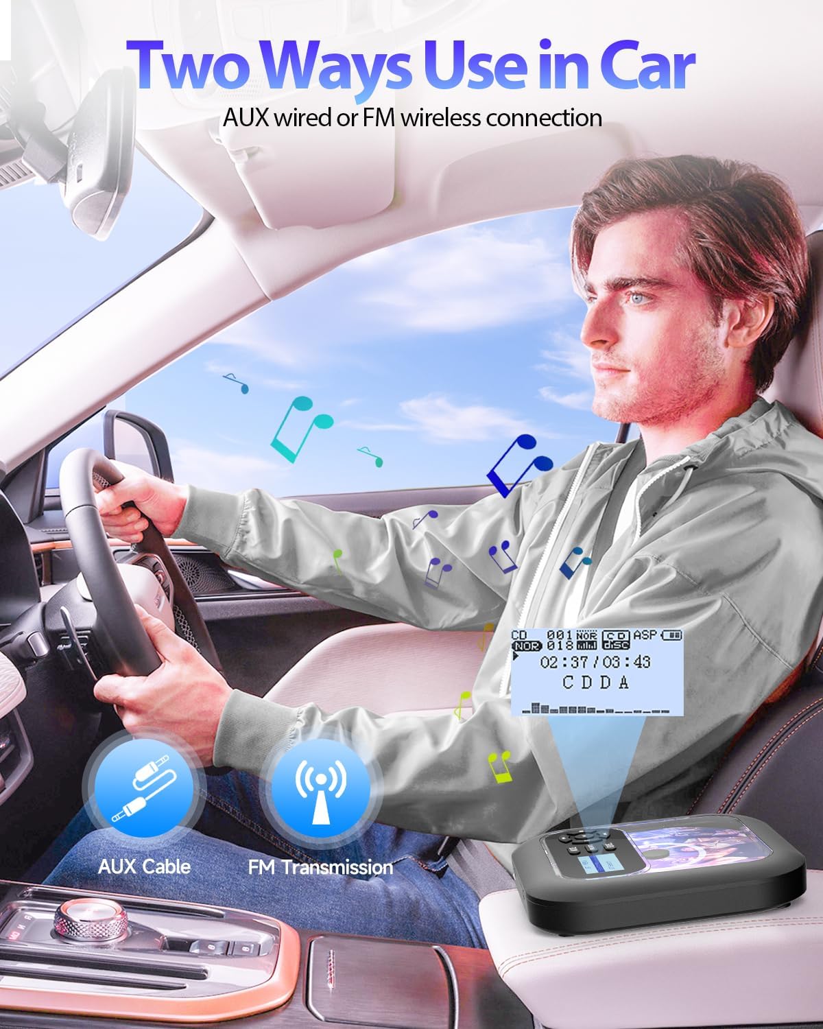 Bluetooth CD Player Portable with FM Transmitter and Dual Speakers