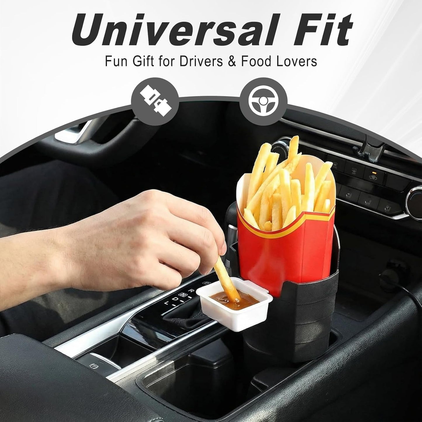 Car French Fry Holder with Cup Dip Tray, Car Sauce Holder with 2.68 Inch Base for Fast Food, Drink, Phone & Keys, Universal Interior Accessory for Vehicle, Truck, RV, Boat (Black)