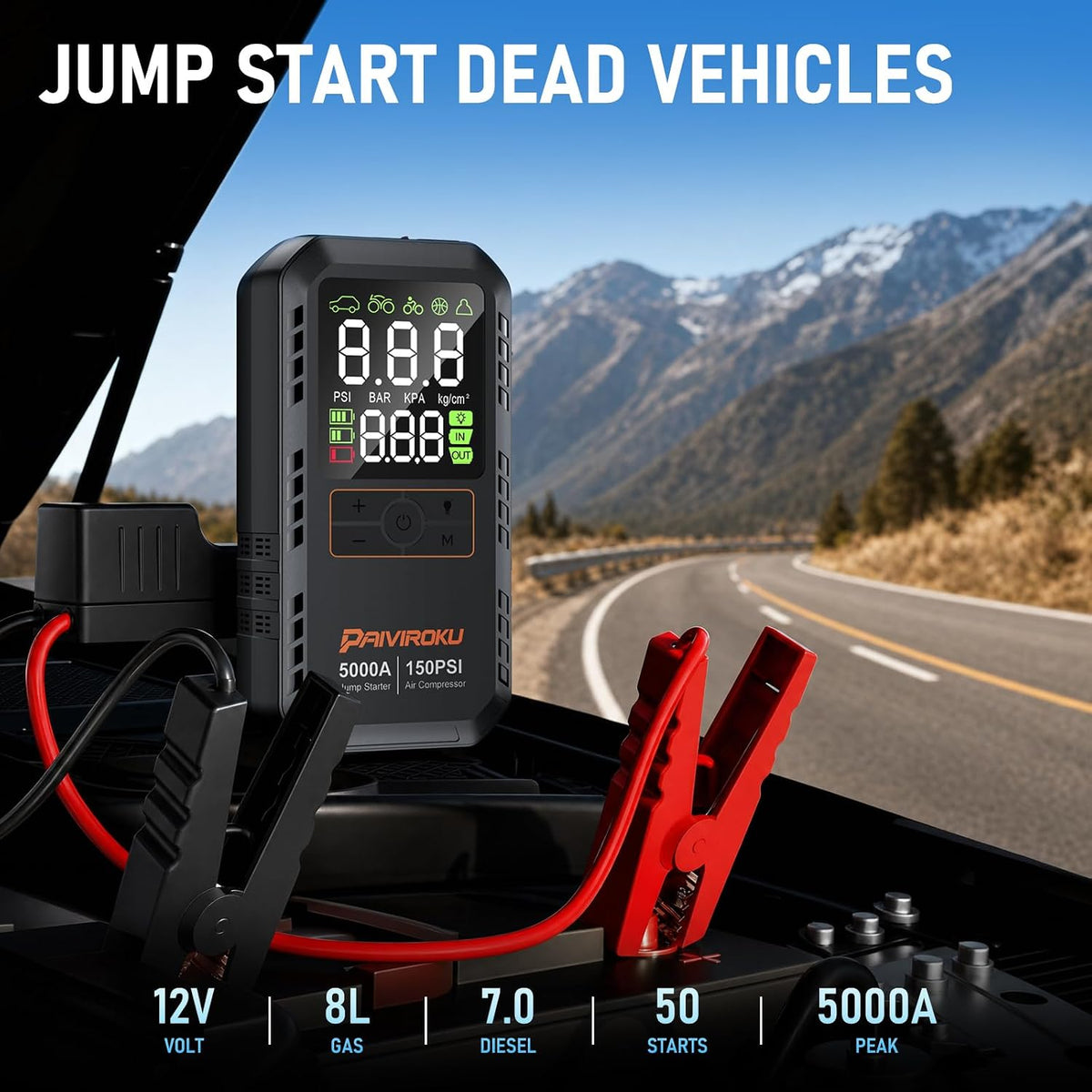 5000A Car Battery Jump Starter with Air Compressor,Car Battery Jumper Starter Portable 8L Gas/7L Diesel,150PSI Tire Inflator&12V Car Battery Jump Box with 500LM LED/36W Fast Charge/Jump Cables