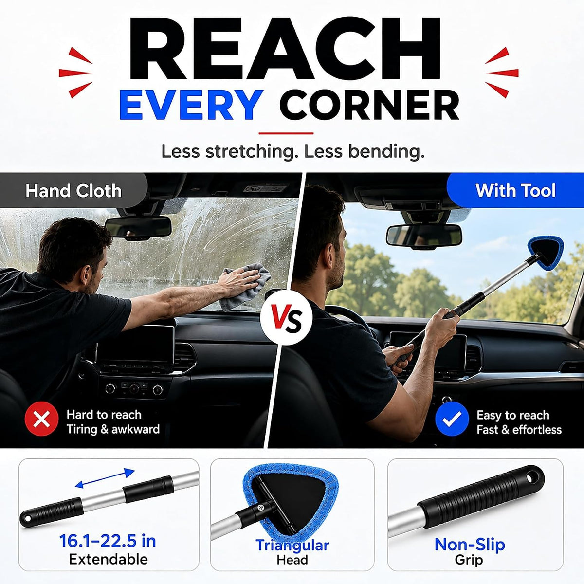 Windshield Cleaner Tool, 21" Extendable Handle, Car Interior Window Cleaner