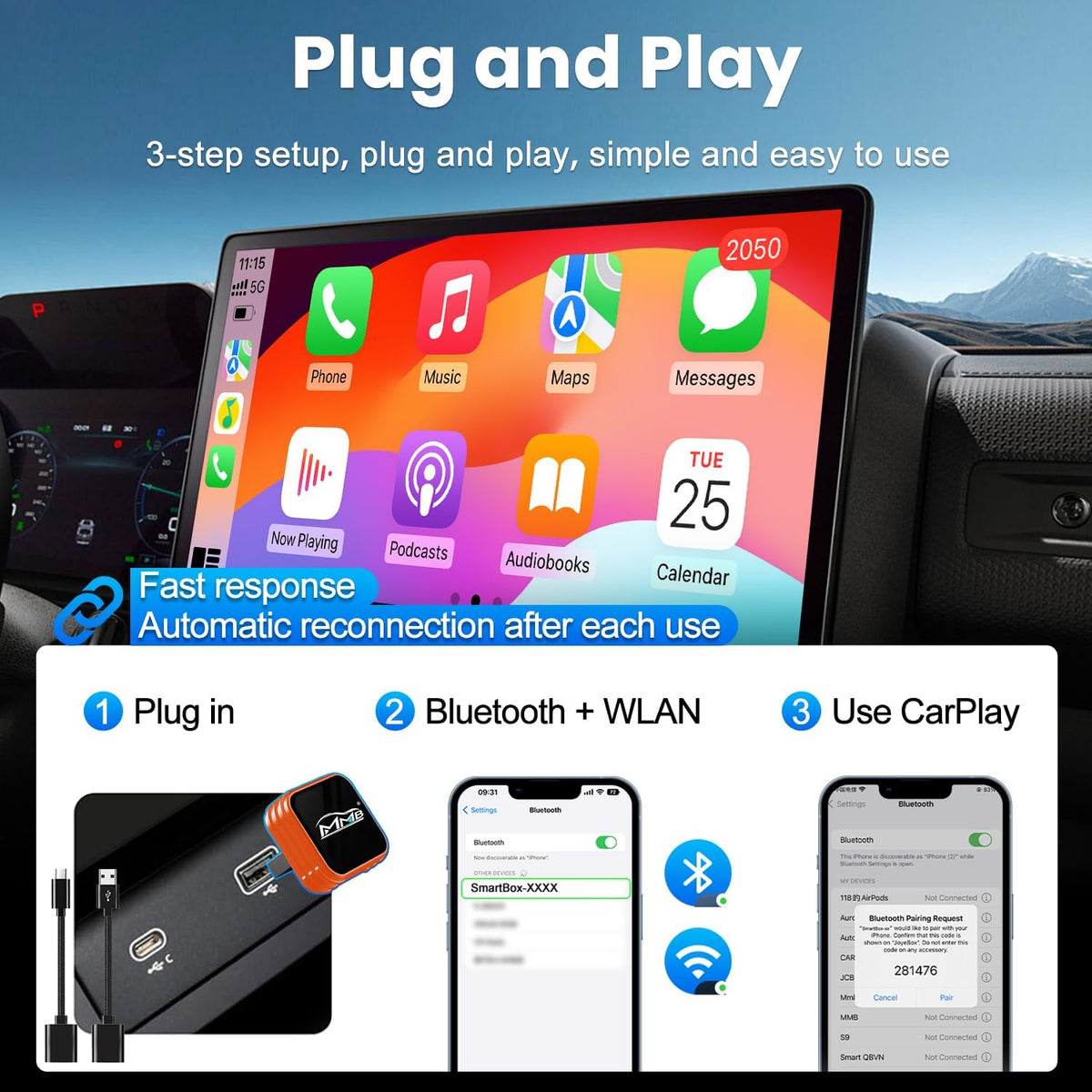 MMB Wireless CarPlay Adapter for iPhone＆Android Auto, Fast Auto-Connect, WiFi 6, Bluetooth 5.4, Convert Wired to Wireless, No Delay, USB-C/USB-A/Extension Cable, Compatible with iOS10+/Android 11+