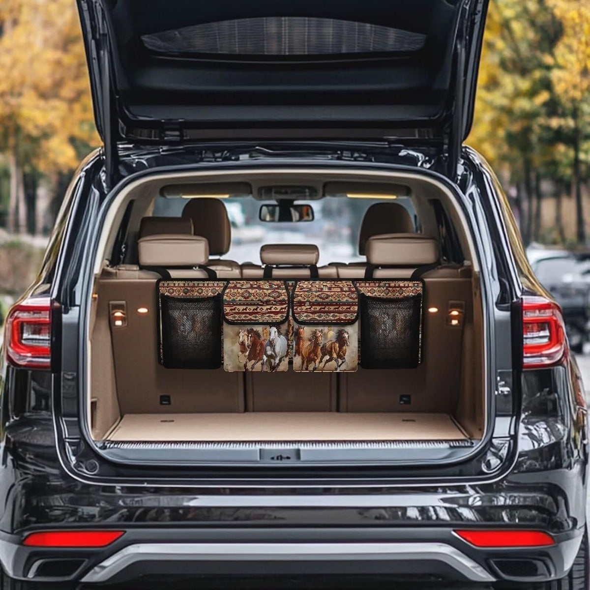 Aztec Tribe Car Trunk Organizer,Backseat Hanging Organizer with 4 Large Storage Bag Super Capacity,Horse Brown Waterproof Trunk Storage Bag for SUV Not Easy to Fade Machine Washable