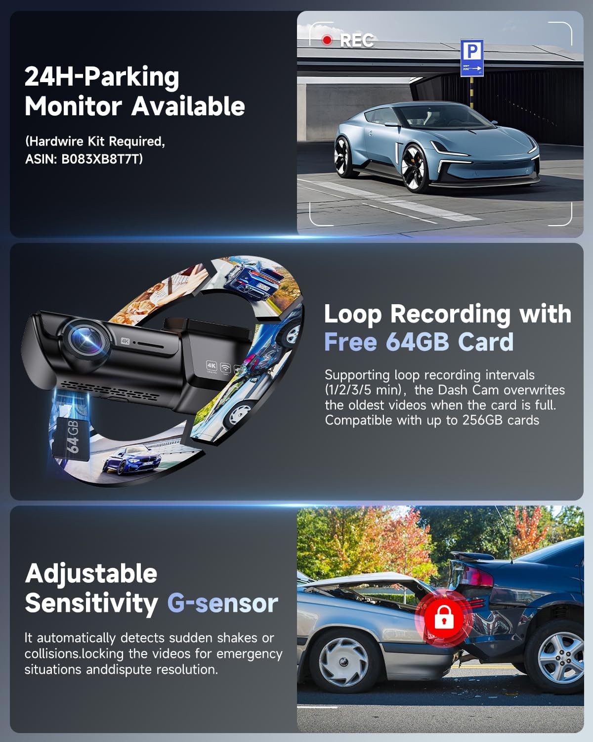F8 4K Dash Cam Front and Rear, 170° Wide Angle Dshcam Front and Rear Camera with 64GB Card, 5G WiFi & App Control, WDR/HDR Night Vision, 24H Parking Mode, Loop Recording