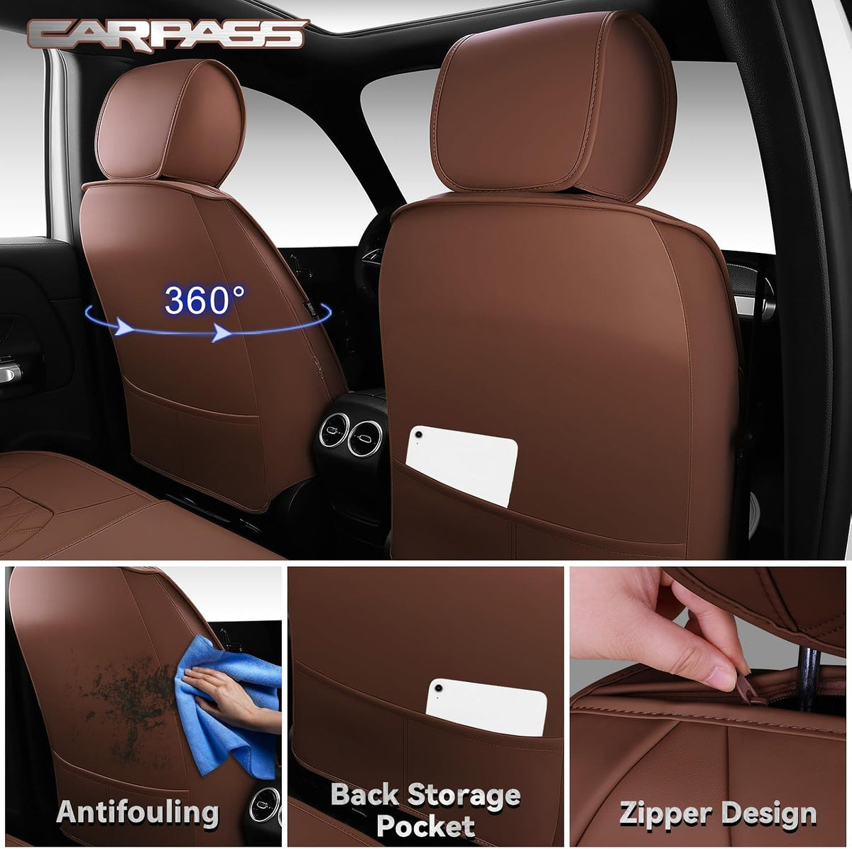 CAR PASS Luxury Nappa Leather Seat Covers Full Set, 3D Rhombus Waterproof Faux Leather Seat Covers, Universal Automotive Seat Cushion Fit for Most Sedan SUV Truck Van, Airbag Compatible Brown