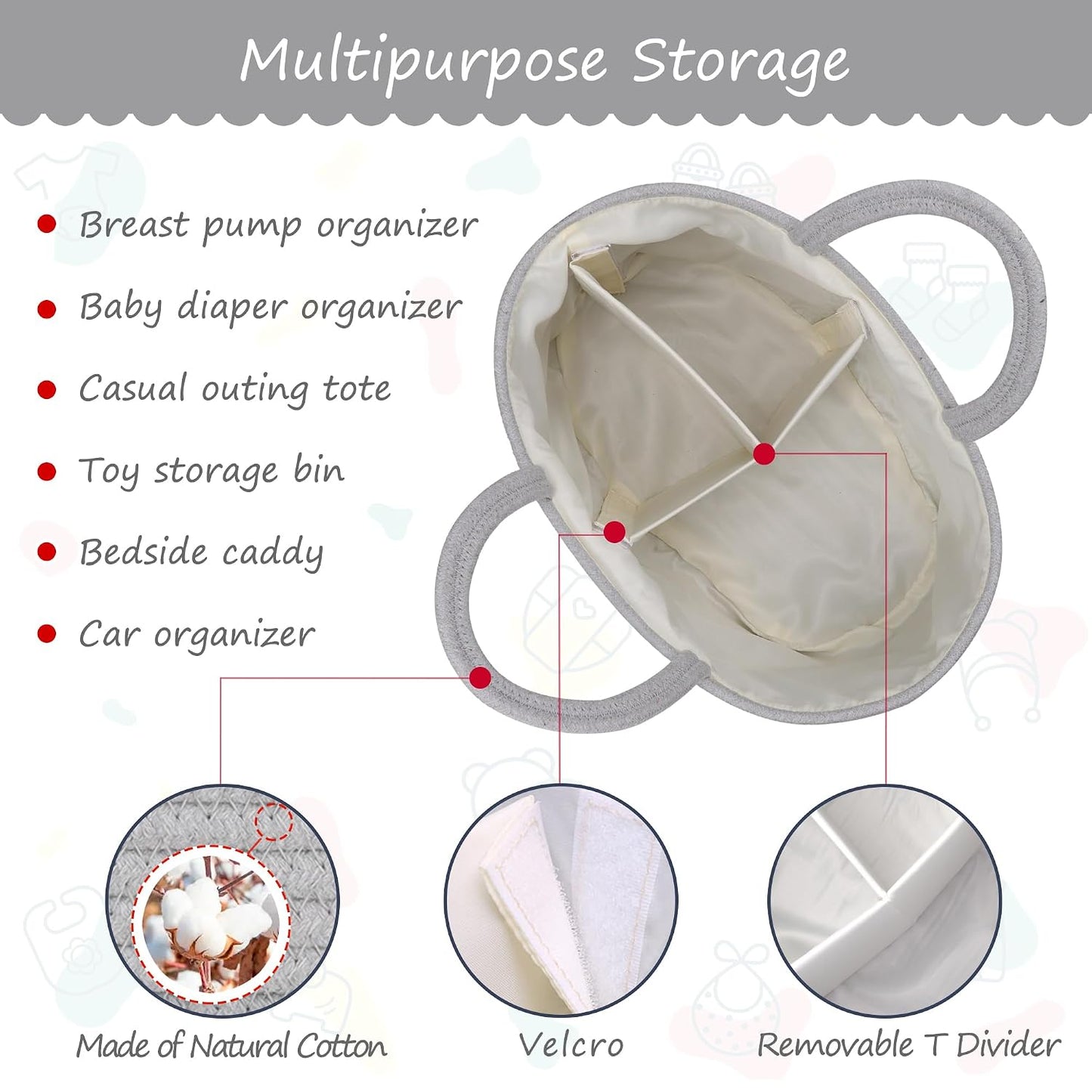 COMSE Baby Diaper Caddy Organizer, Car Caddy, Diaper Change Organizer, Gift Baskets Empty, Portable Tote Bag with Divider, Baby Shower Gifts Newborn Essentials Registry Must Have, Cool Gray
