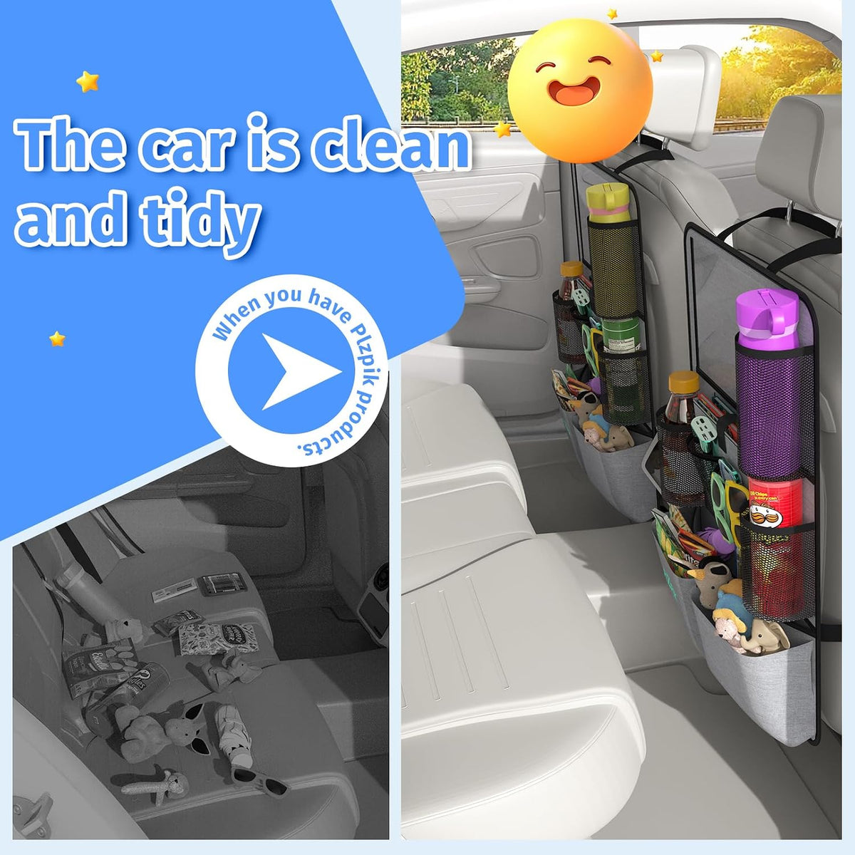 Plzpik Car Backseat Organizer with Tablet Holder,11 Storage Pockets with Foldable Food Tray, Protector Kick Mats for Kids, Travel Accessories Organizer (Gray, 2-Pack)