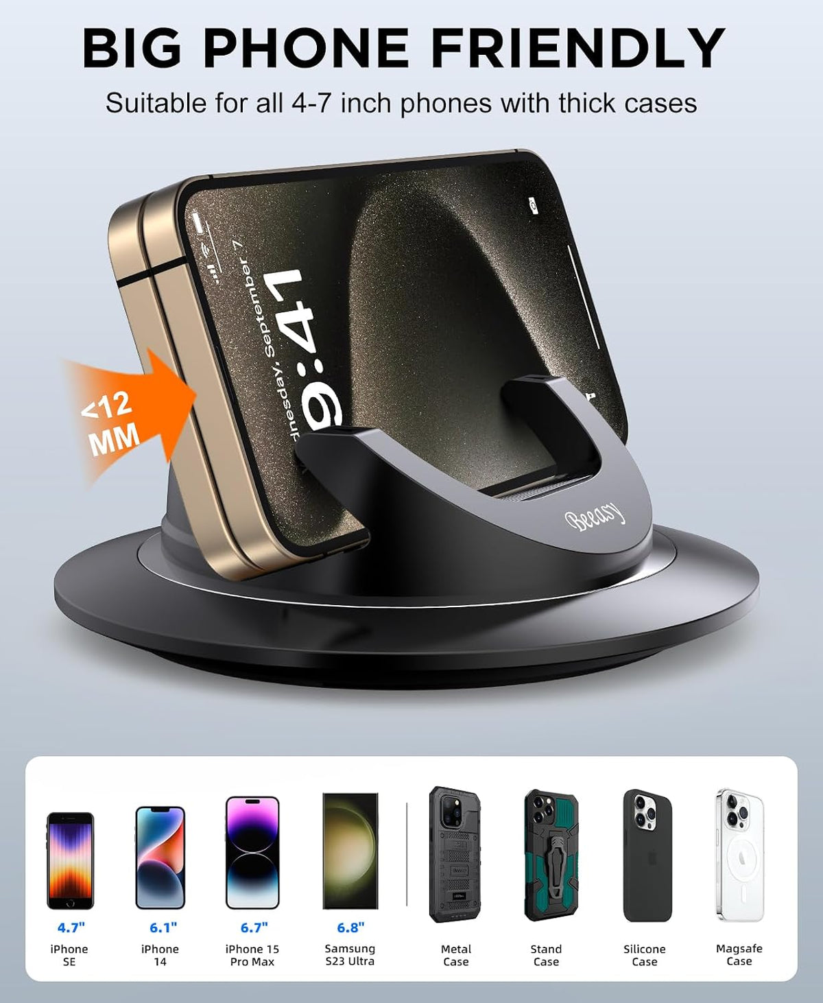 Beeasy Car Phone Holder Mount, 360° Rotation Dashboard Phone Holder, Silicone Non-Slip Cell Phone Car Mount, Universal for iPhone 17/16 Pro Max, Samsung, Google Pixel, All Smartphones & GPS