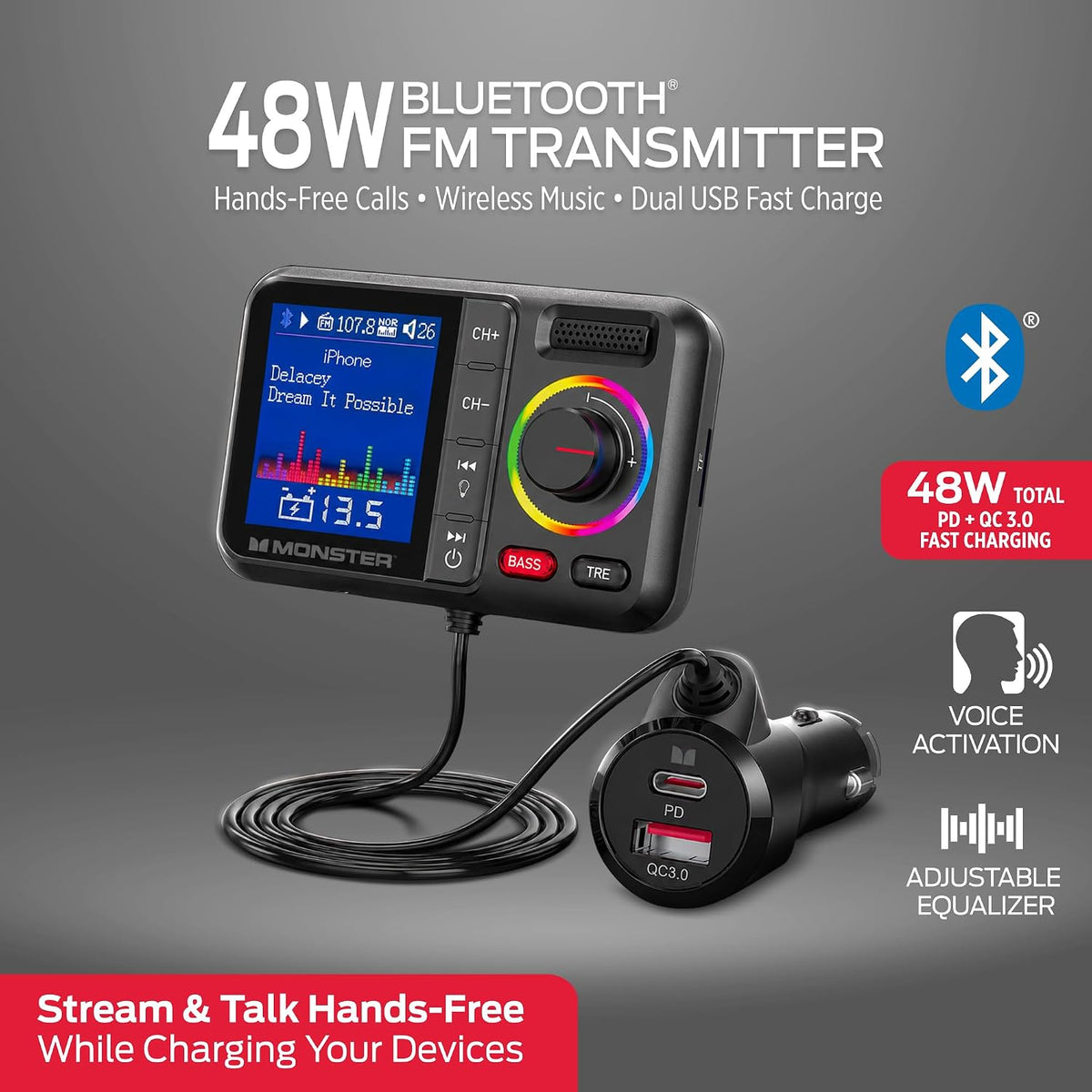 Monster 48W Bluetooth FM Transmitter for Car, Bluetooth Car Adapter with Dual Fast Charger (PD 30W USB-C + QC3.0 USB-A), Car Battery Voltage Display, Hands-Free Calls, Vent Mount, Black